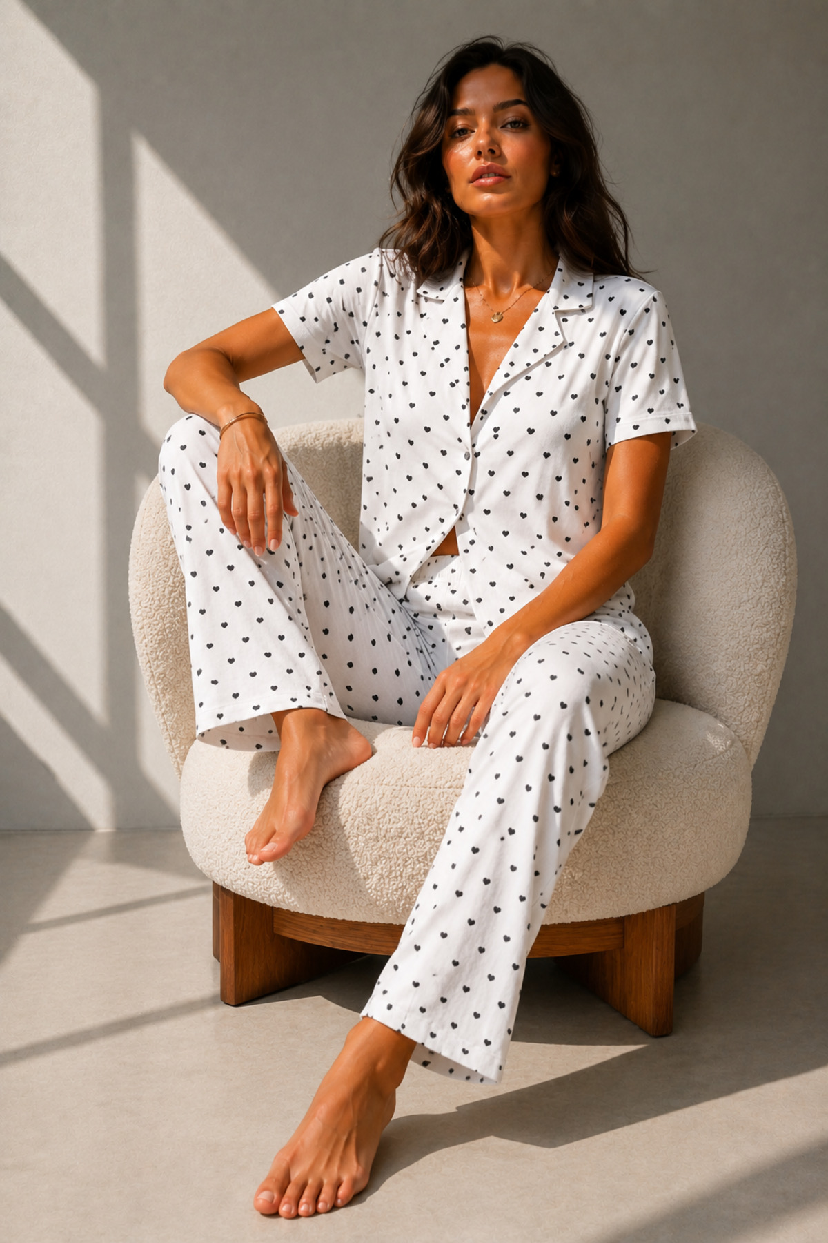 Kadın Klasik Doğal Düğme Gece Kar Beyaz Pijama Takımı 5