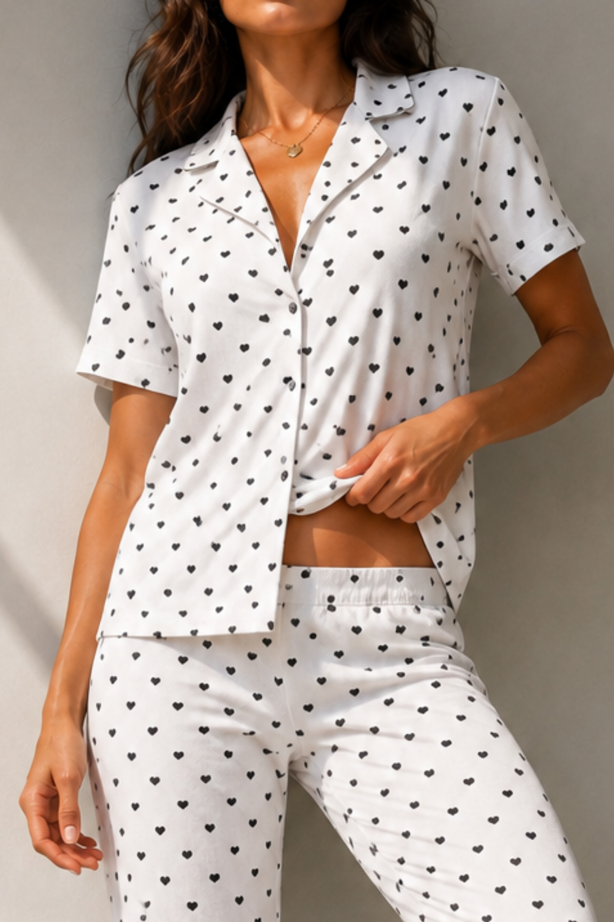 Kadın Klasik Doğal Düğme Gece Kar Beyaz Pijama Takımı 3