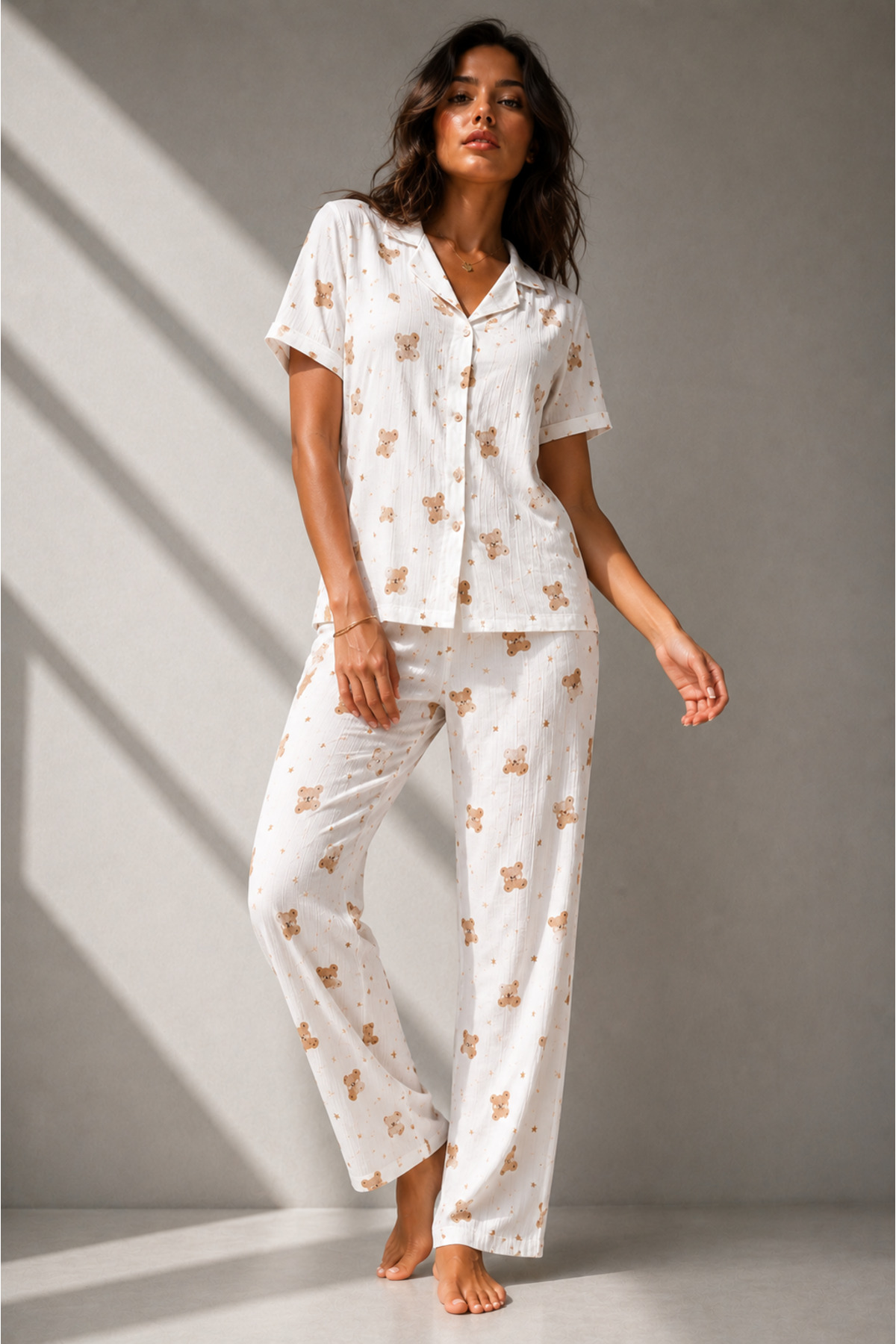 Kadın Klasik Doğal Düğme Gece Kırık Beyaz Pijama Takımı 5