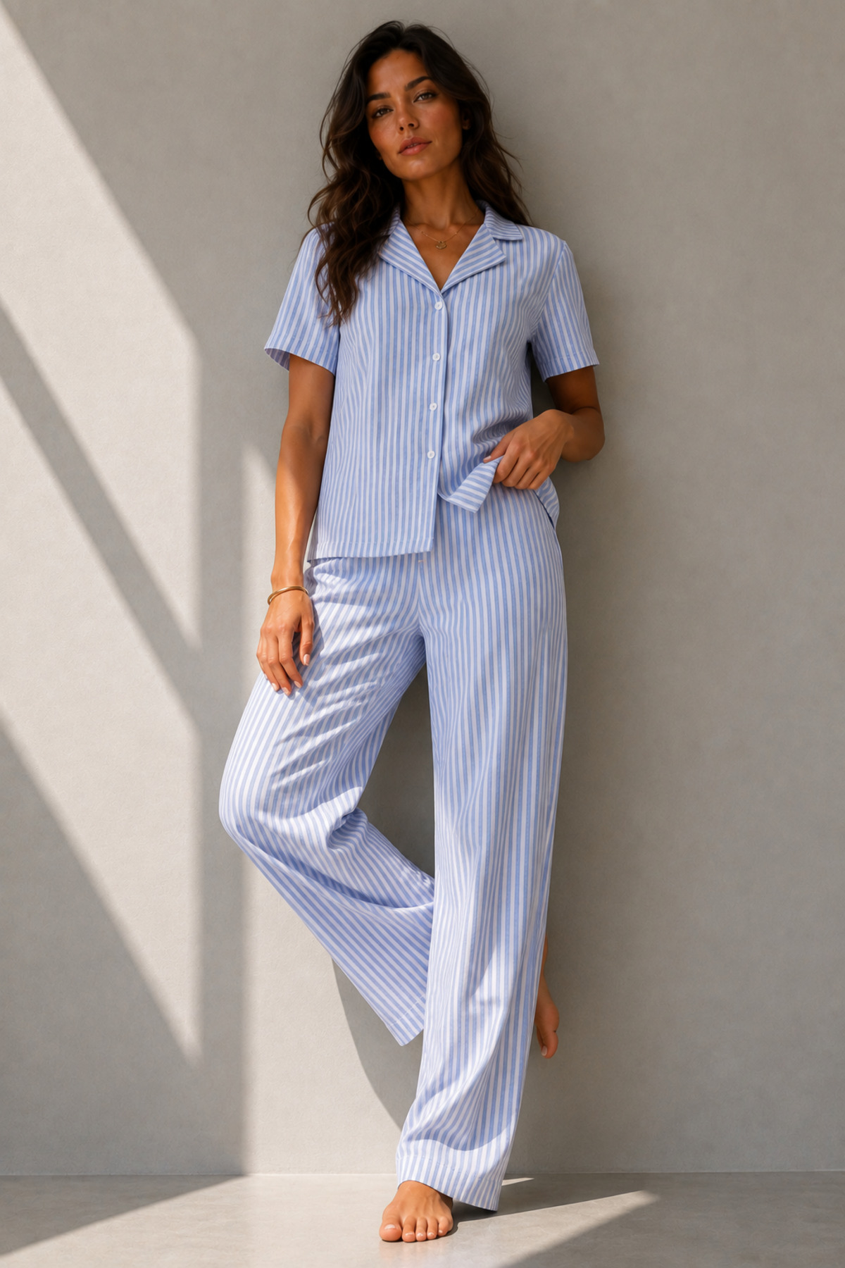 Kadın Klasik Doğal Düğme Gece Mavi Pijama Takımı 6