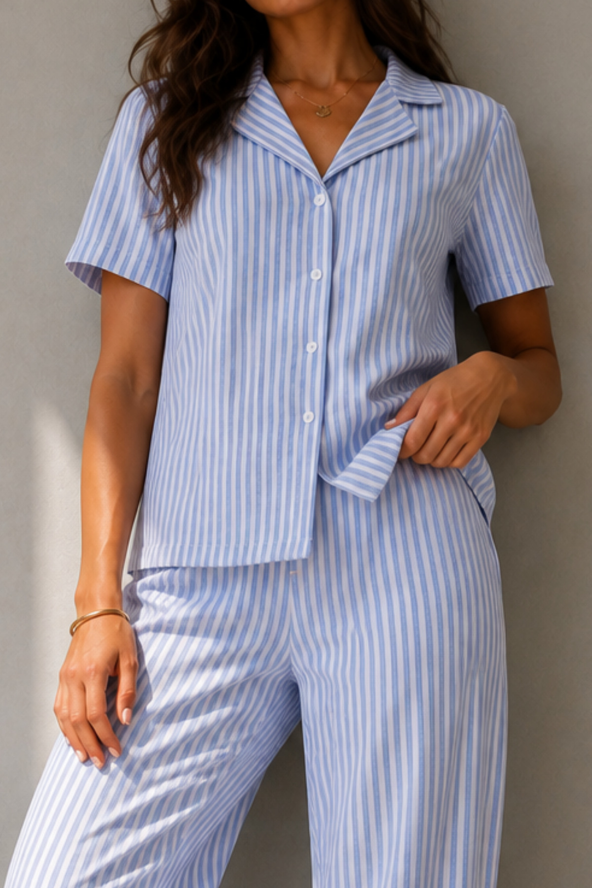 Kadın Klasik Doğal Düğme Gece Mavi Pijama Takımı 3