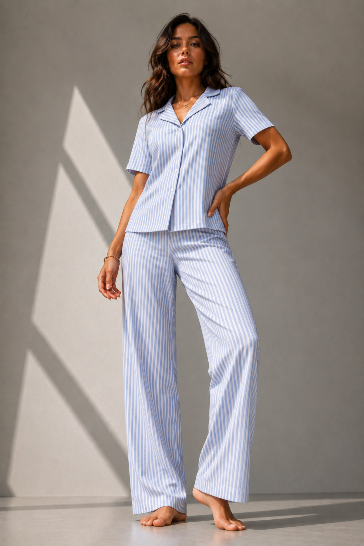 Kadın Klasik Doğal Düğme Gece Mavi Pijama Takımı 5