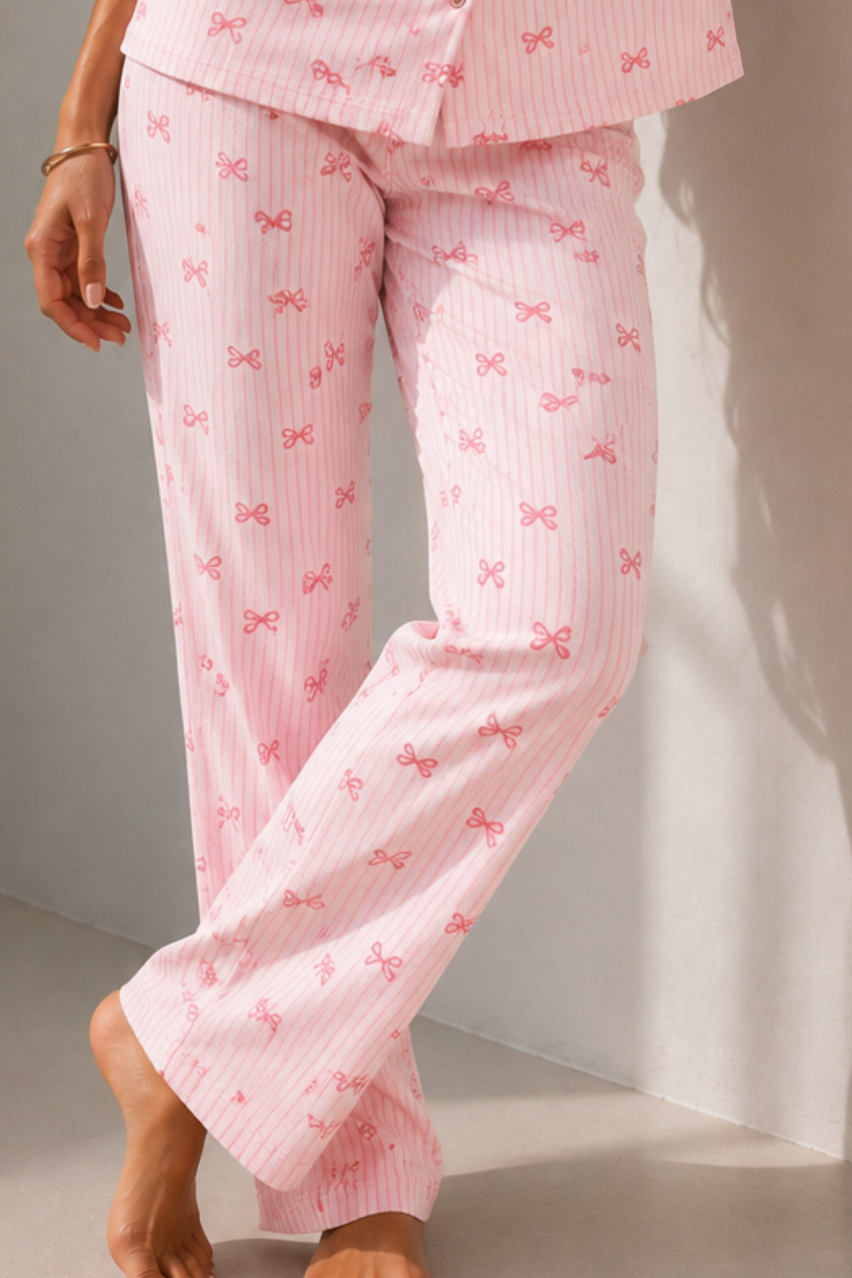 Kadın Klasik Doğal Düğme Gece Pembe Pijama Takımı 4