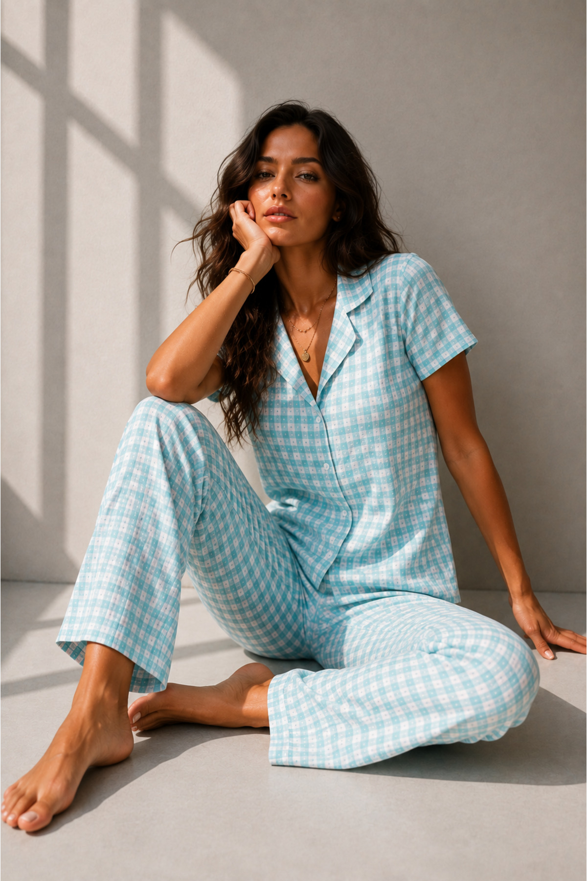 Kadın Klasik Doğal Düğme Gece Su Yeşili Pijama Takımı 5