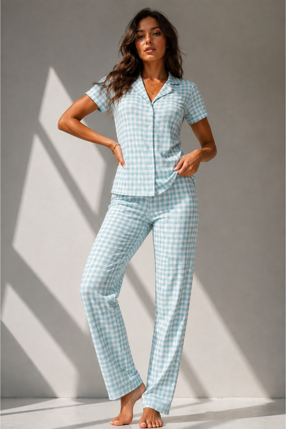 Kadın Klasik Doğal Düğme Gece Su Yeşili Pijama Takımı 6