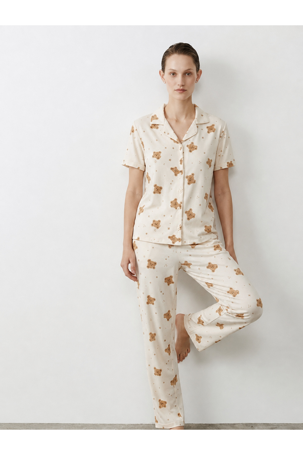Regular V Yaka Günlük Kırık Beyaz Pijama Takımı 5