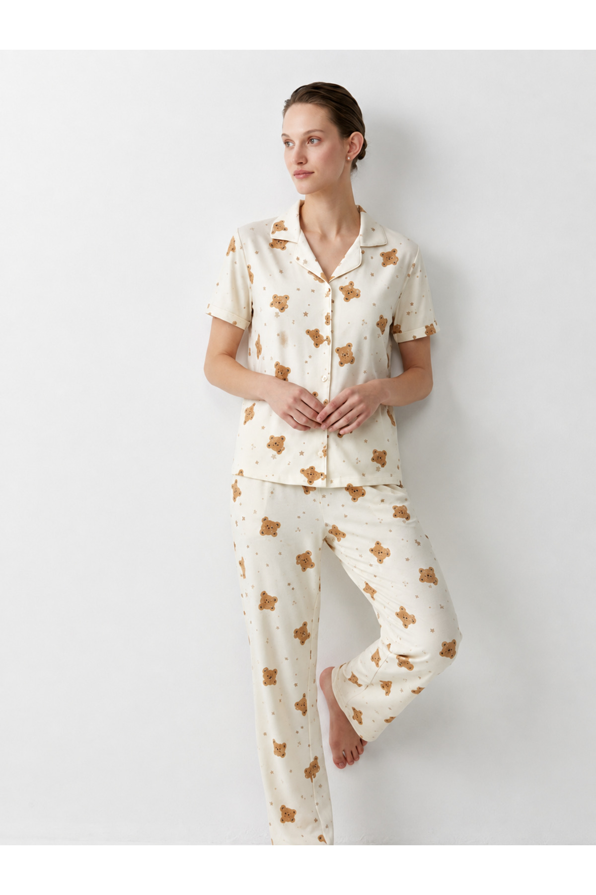 Regular V Yaka Günlük Kırık Beyaz Pijama Takımı 6