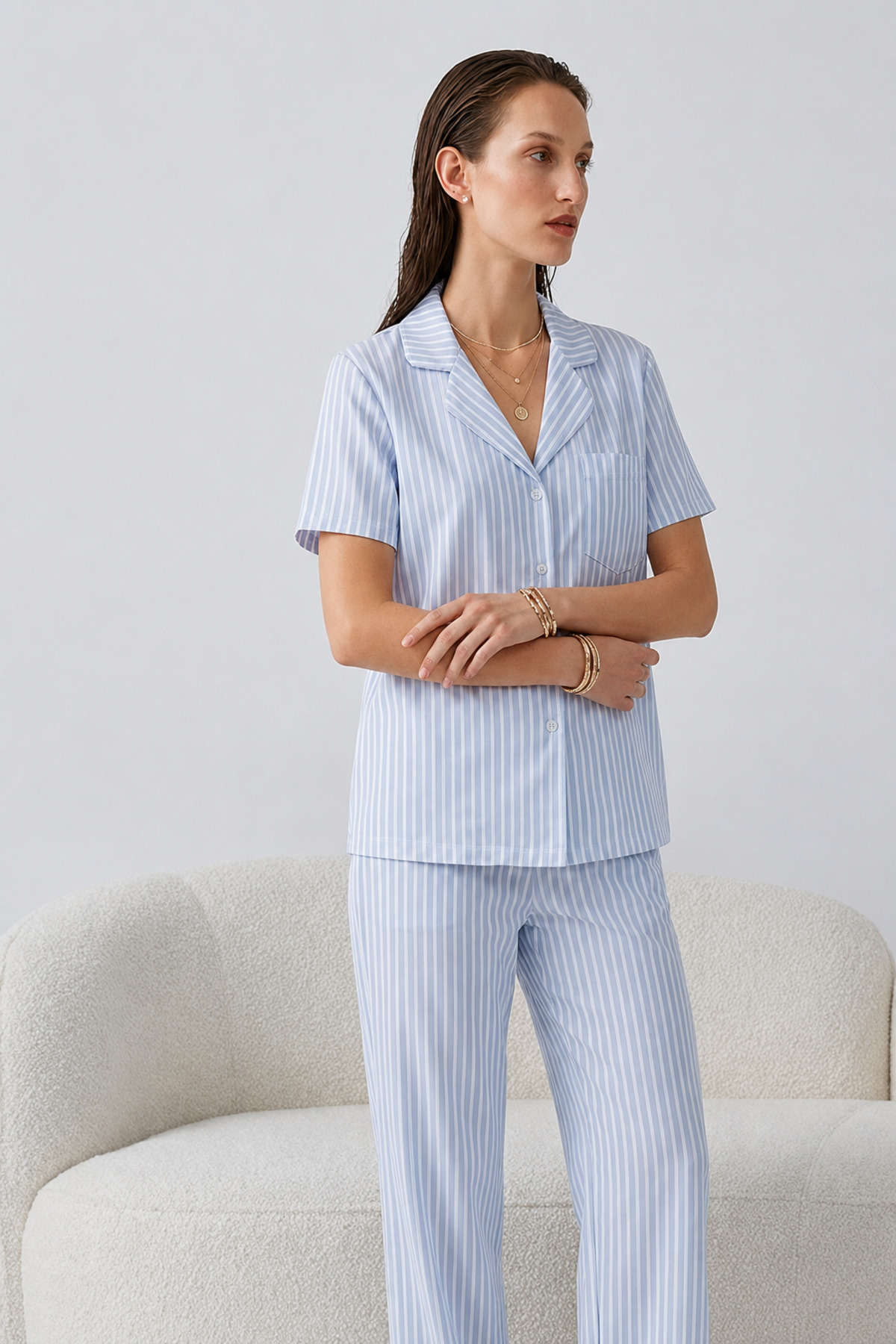 Regular V Yaka Günlük Mavi Pijama Takımı 4