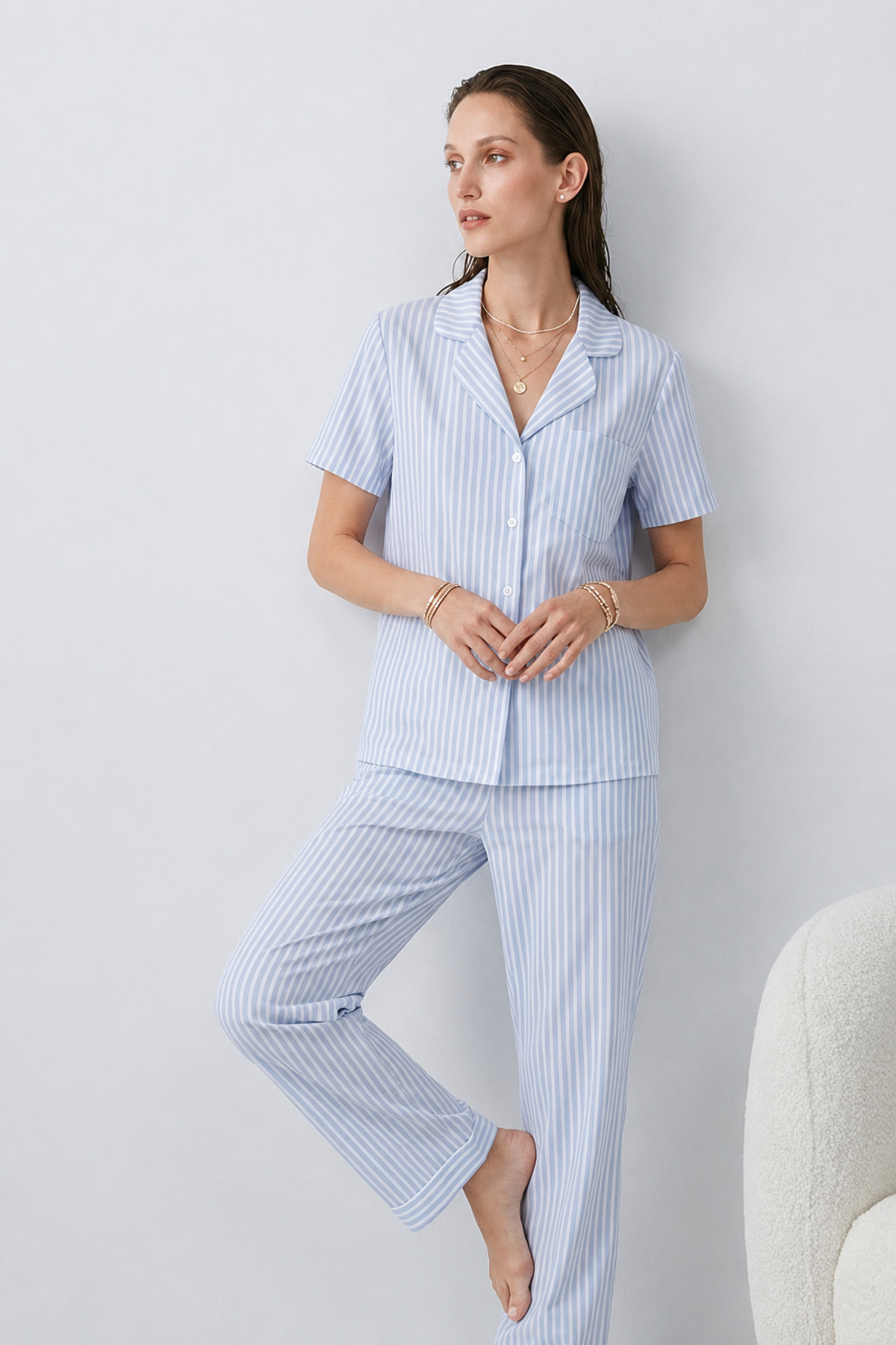 Regular V Yaka Günlük Mavi Pijama Takımı 6