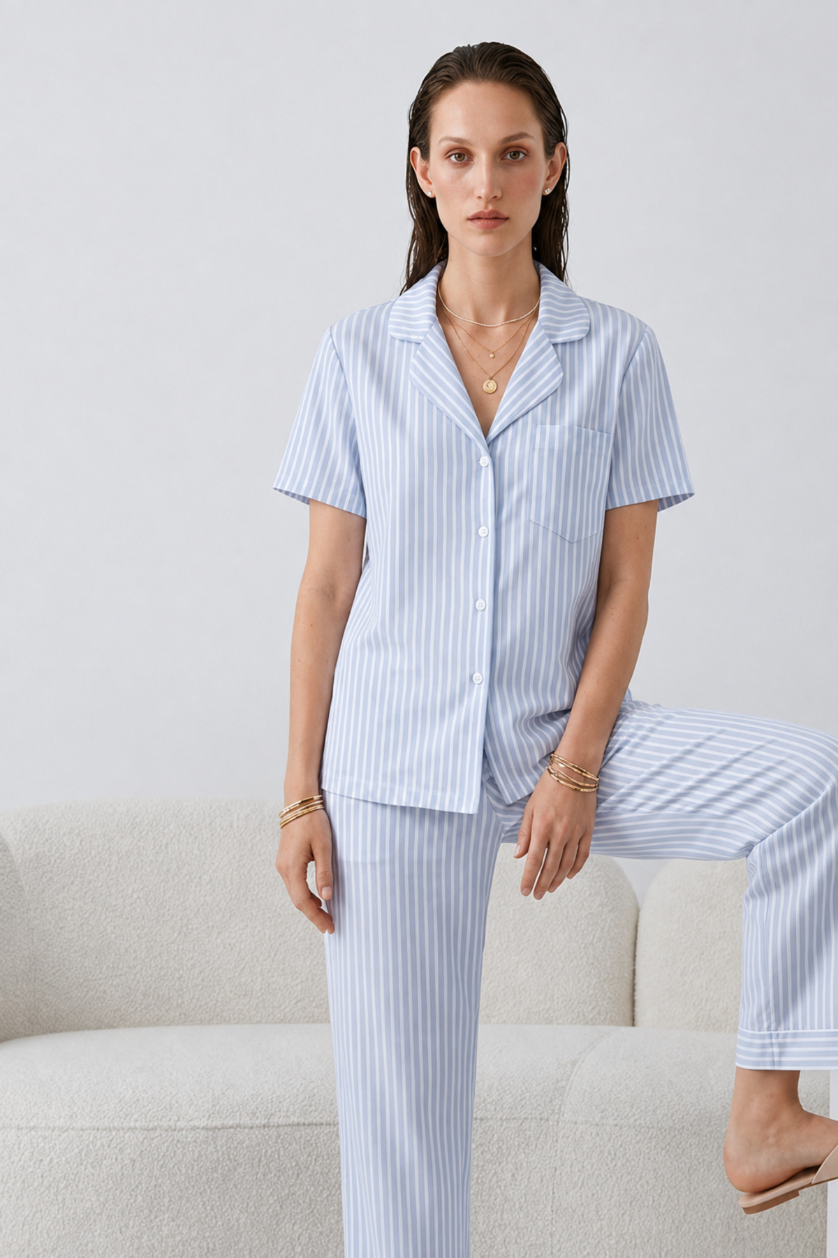 Regular V Yaka Günlük Mavi Pijama Takımı 5