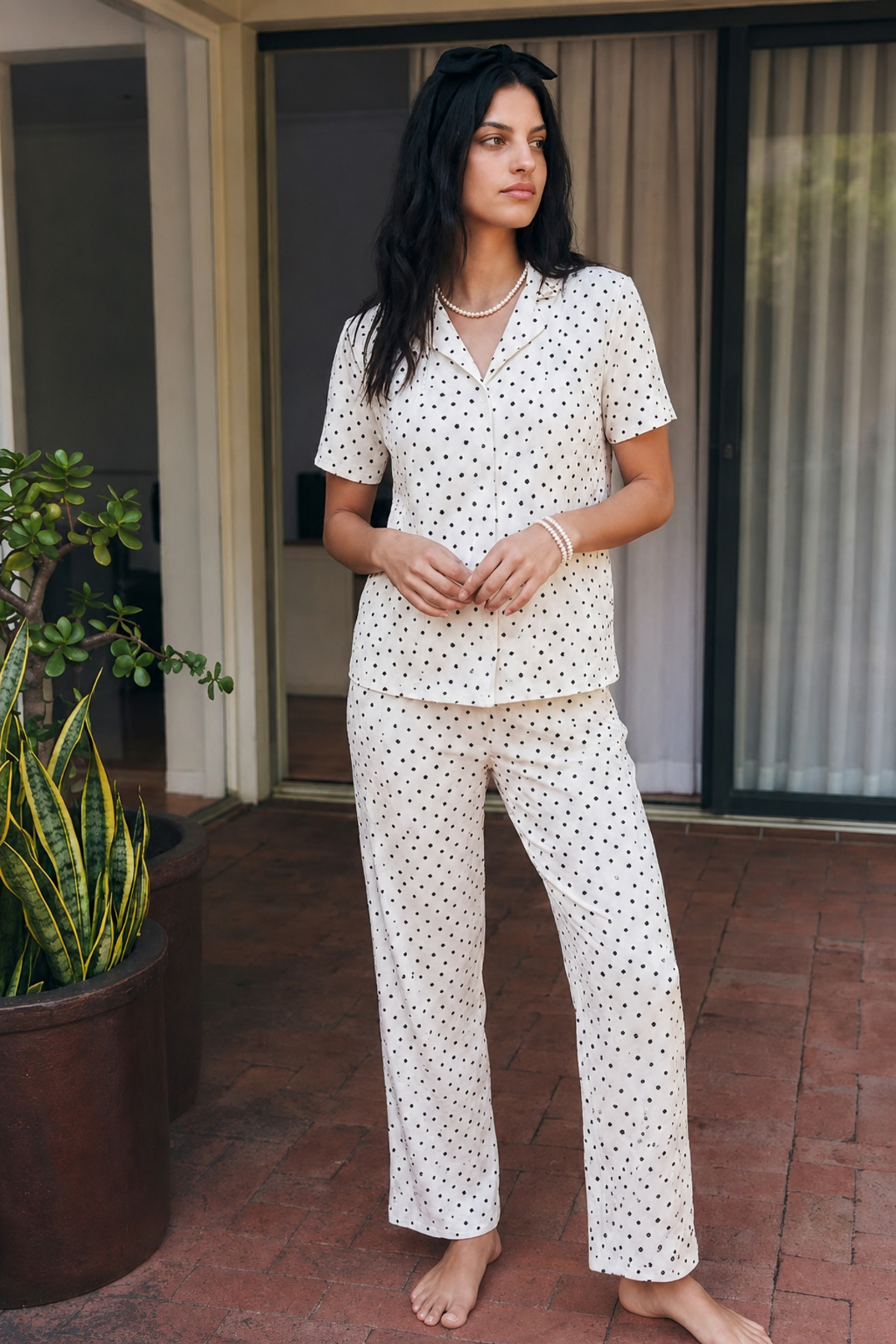 Viskon Karışım Homewear Kar Beyaz Pijama Takımı 4