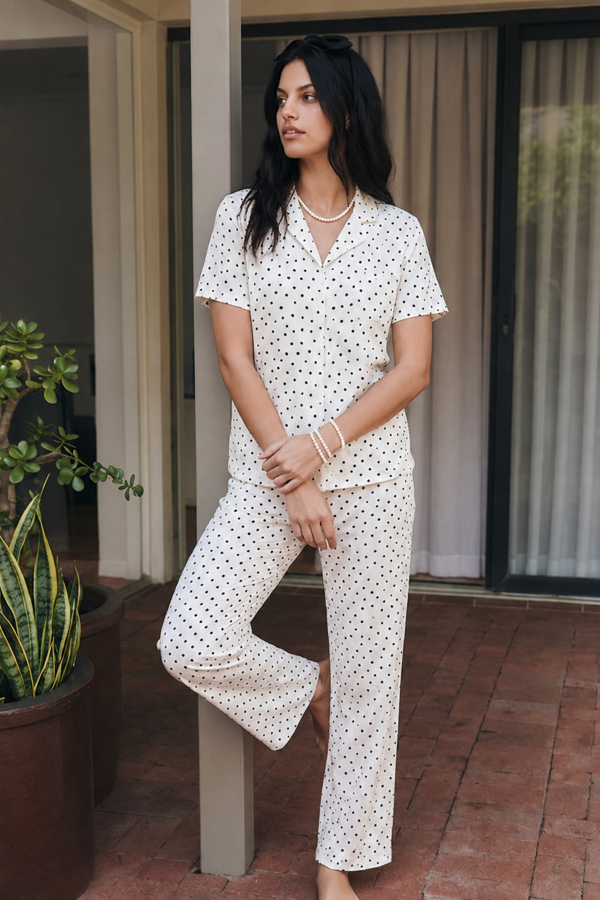 Viskon Karışım Homewear Kar Beyaz Pijama Takımı 6