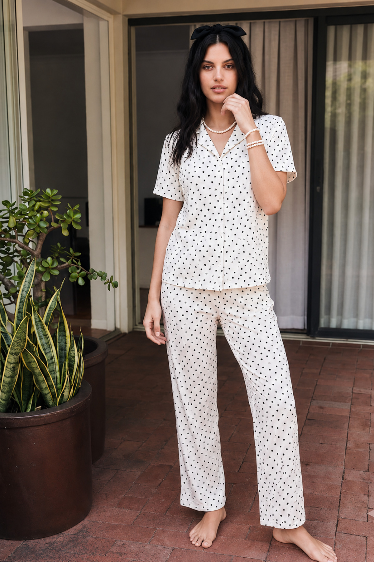 Viskon Karışım Homewear Kar Beyaz Pijama Takımı 3