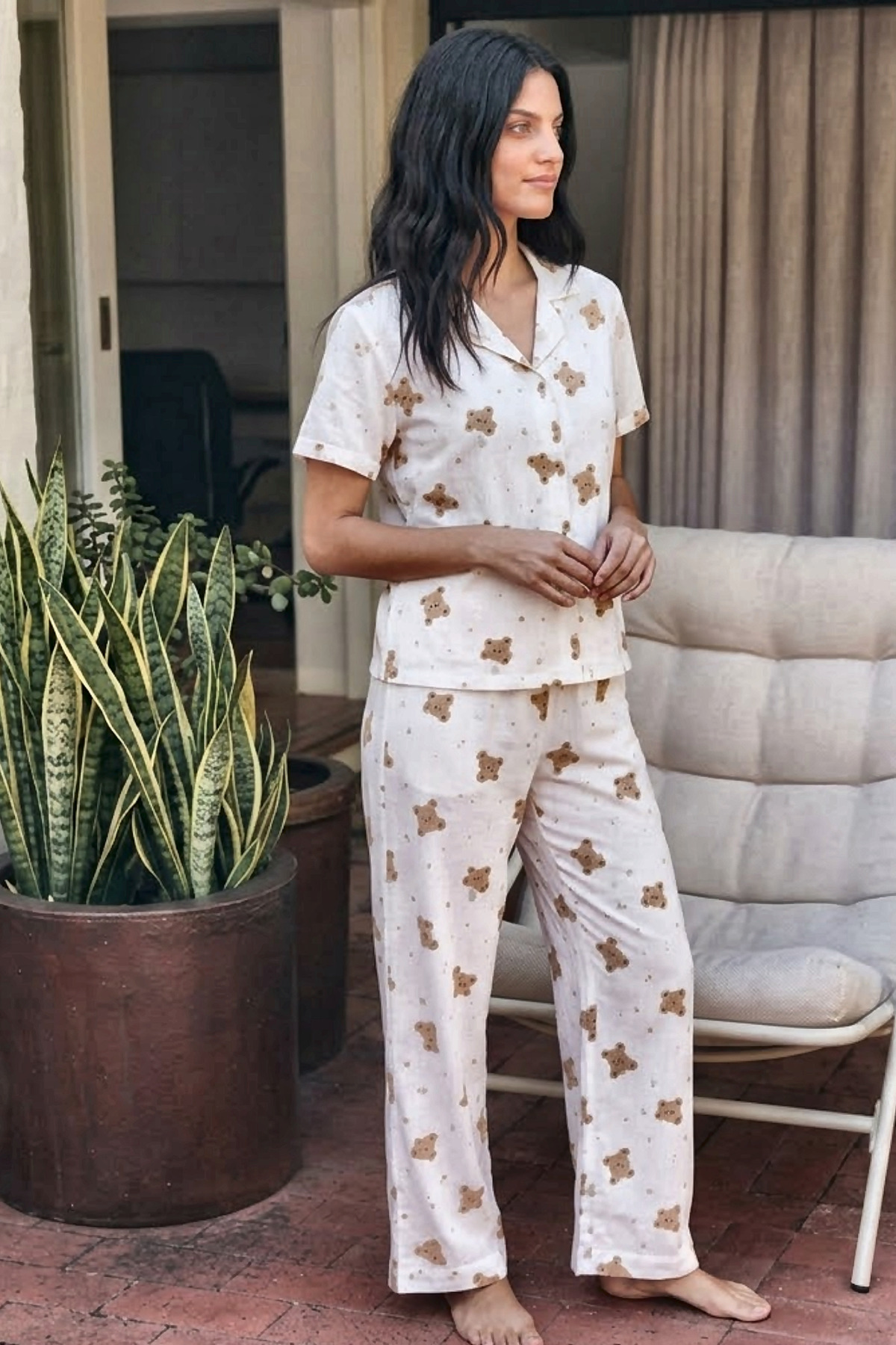 Viskon Karışım Homewear Kırık Beyaz Pijama Takımı 4