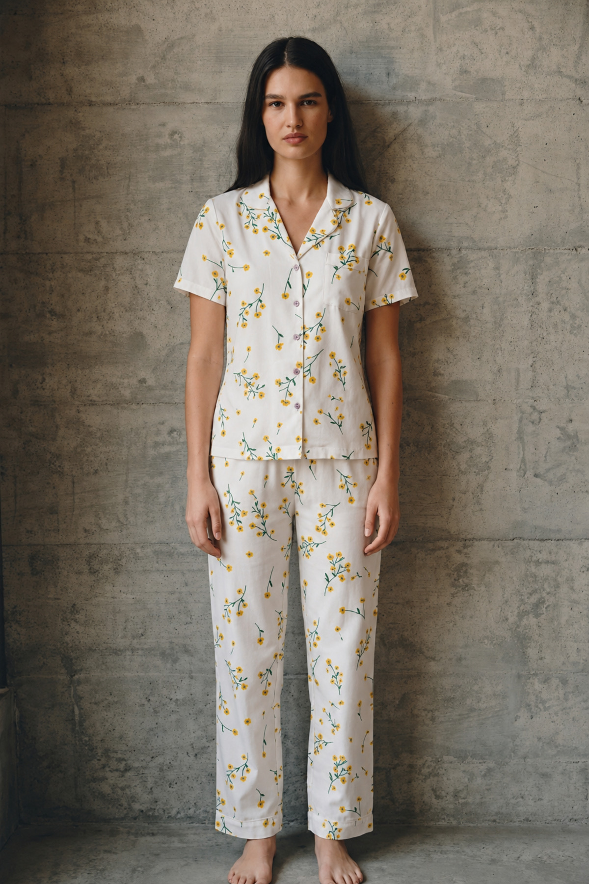 V Yaka Düğmeli Casual Çok Renkli Pijama Takımı 3