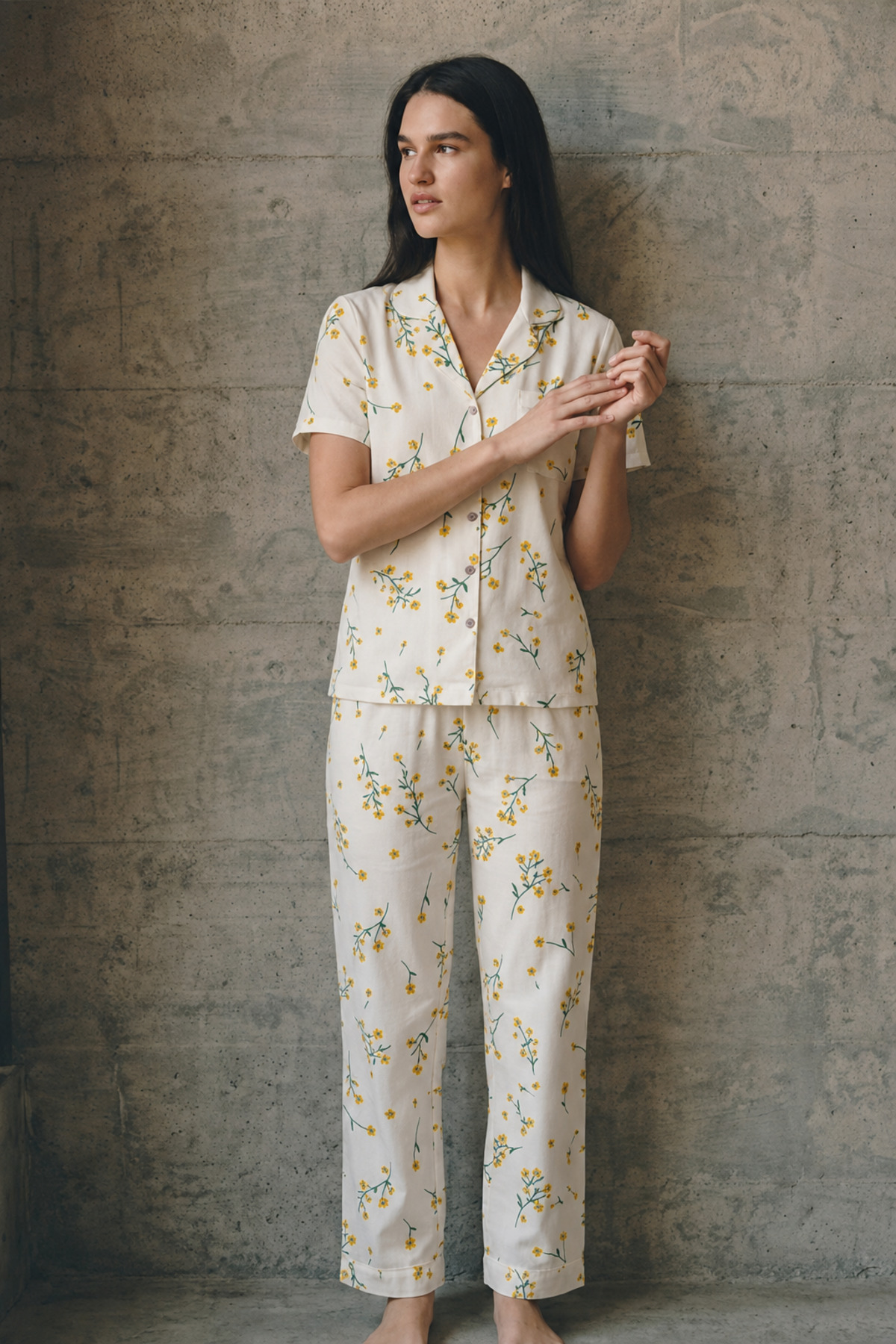 V Yaka Düğmeli Casual Çok Renkli Pijama Takımı 4