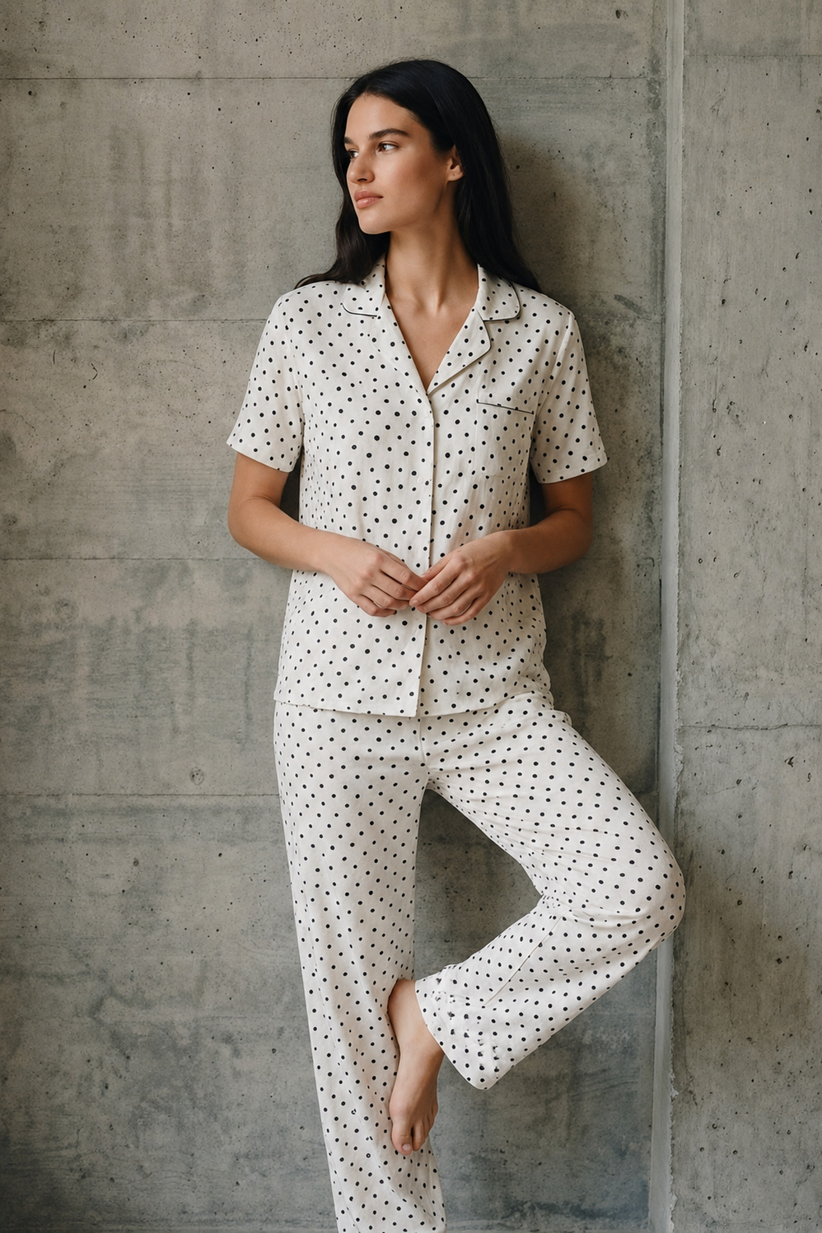 V Yaka Düğmeli Casual Kar Beyaz Pijama Takımı 5