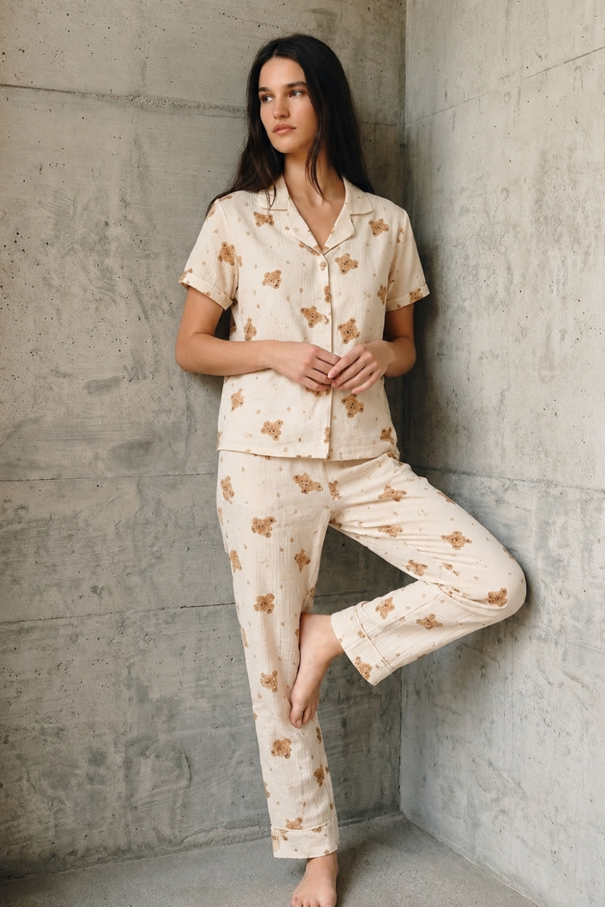 V Yaka Düğmeli Casual Kırık Beyaz Pijama Takımı 5