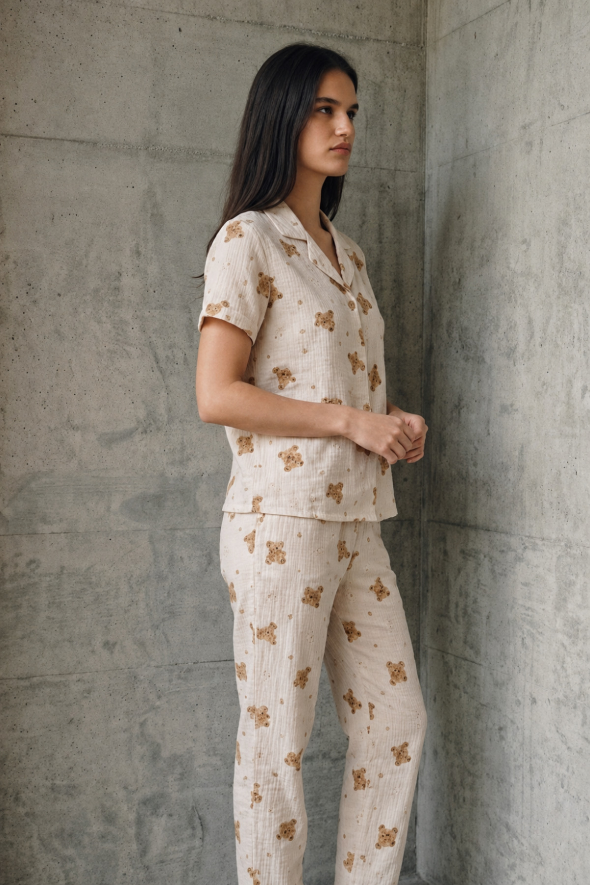 V Yaka Düğmeli Casual Kırık Beyaz Pijama Takımı 4