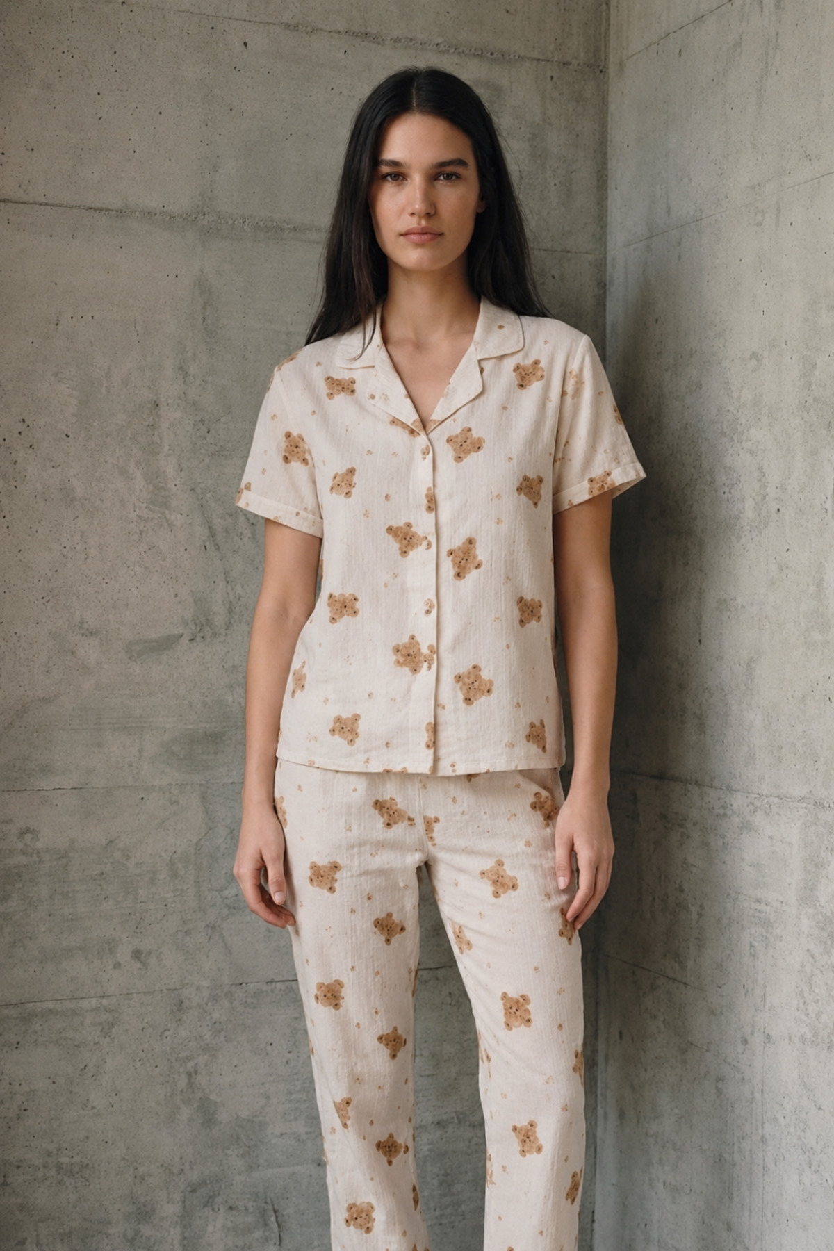 V Yaka Düğmeli Casual Kırık Beyaz Pijama Takımı 3
