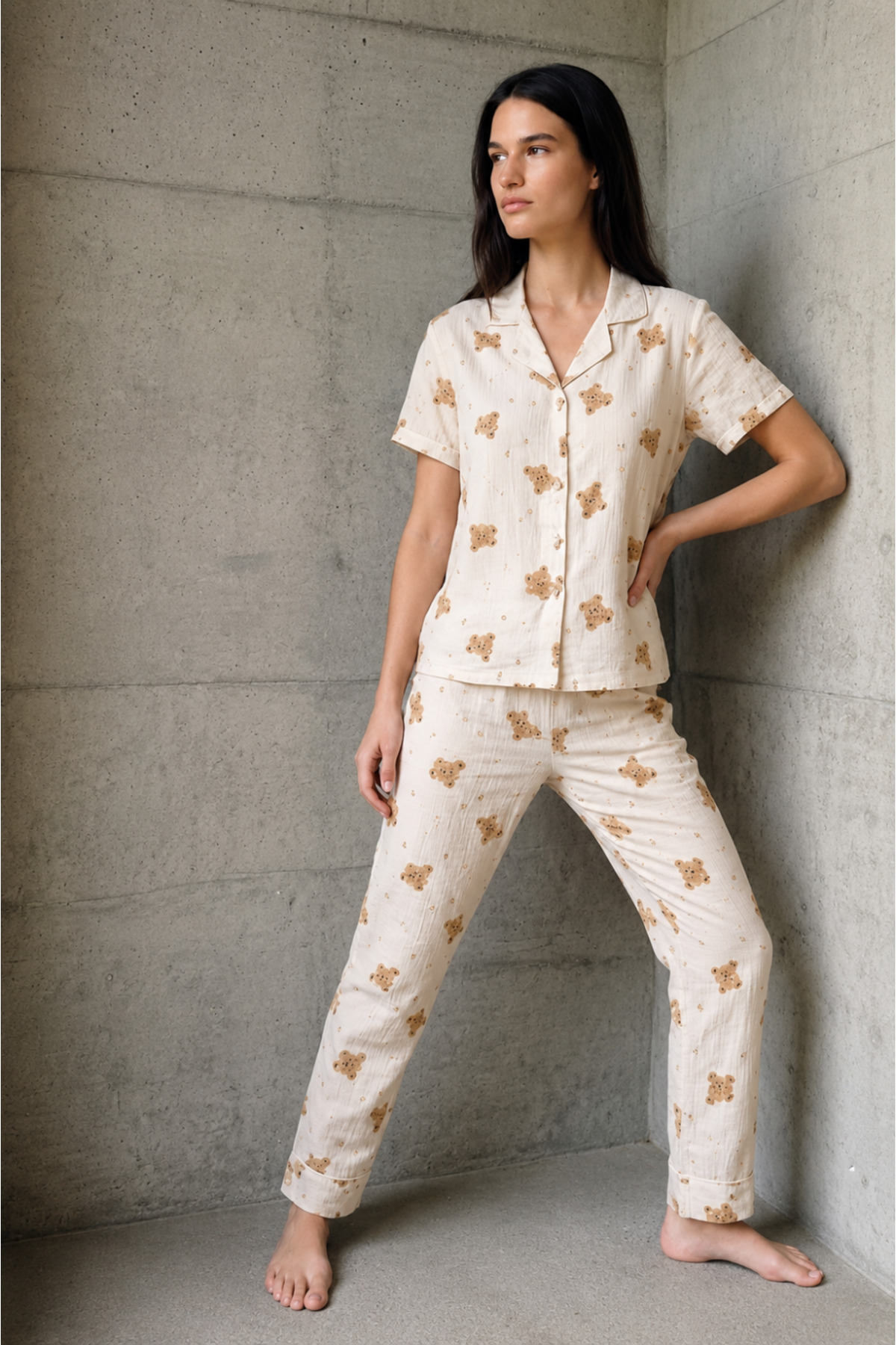V Yaka Düğmeli Casual Kırık Beyaz Pijama Takımı 6