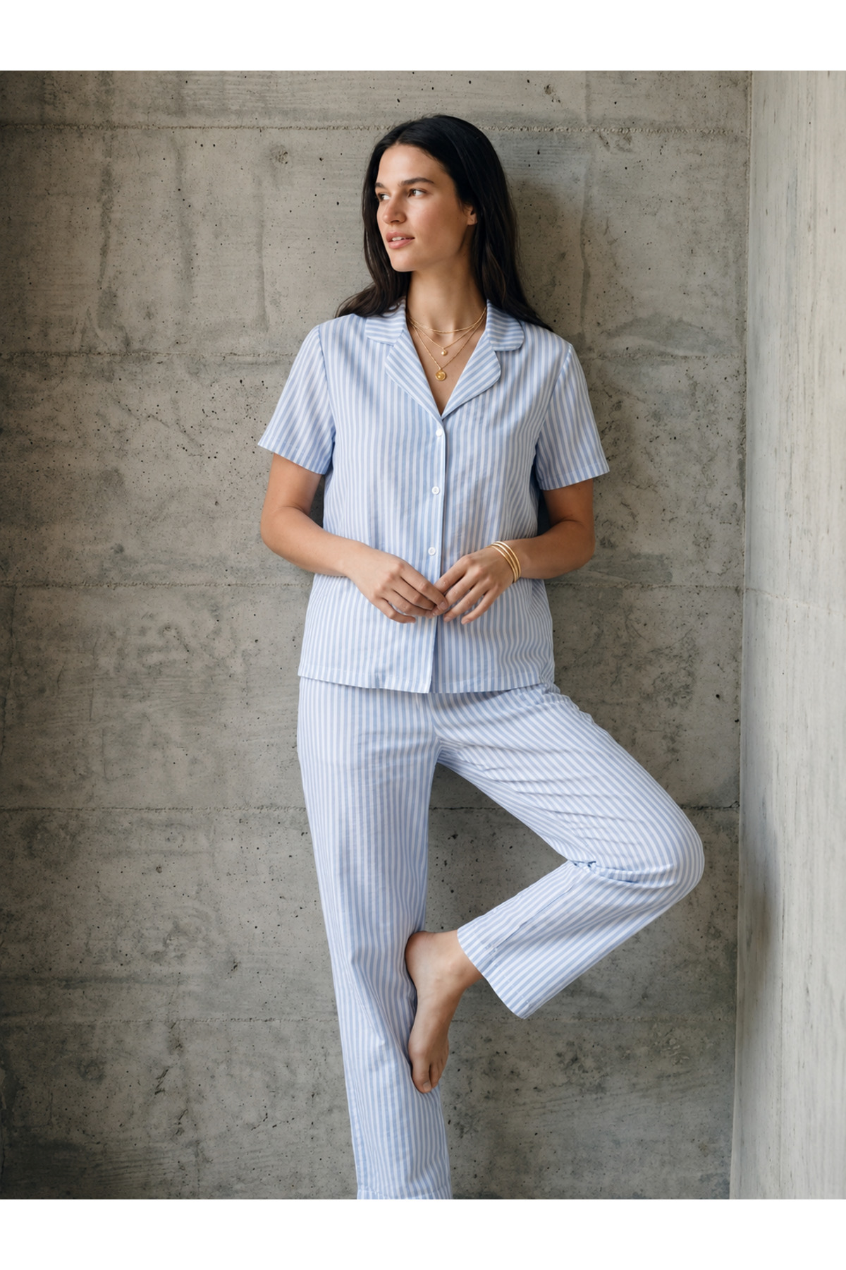 V Yaka Düğmeli Casual Mavi Pijama Takımı 4