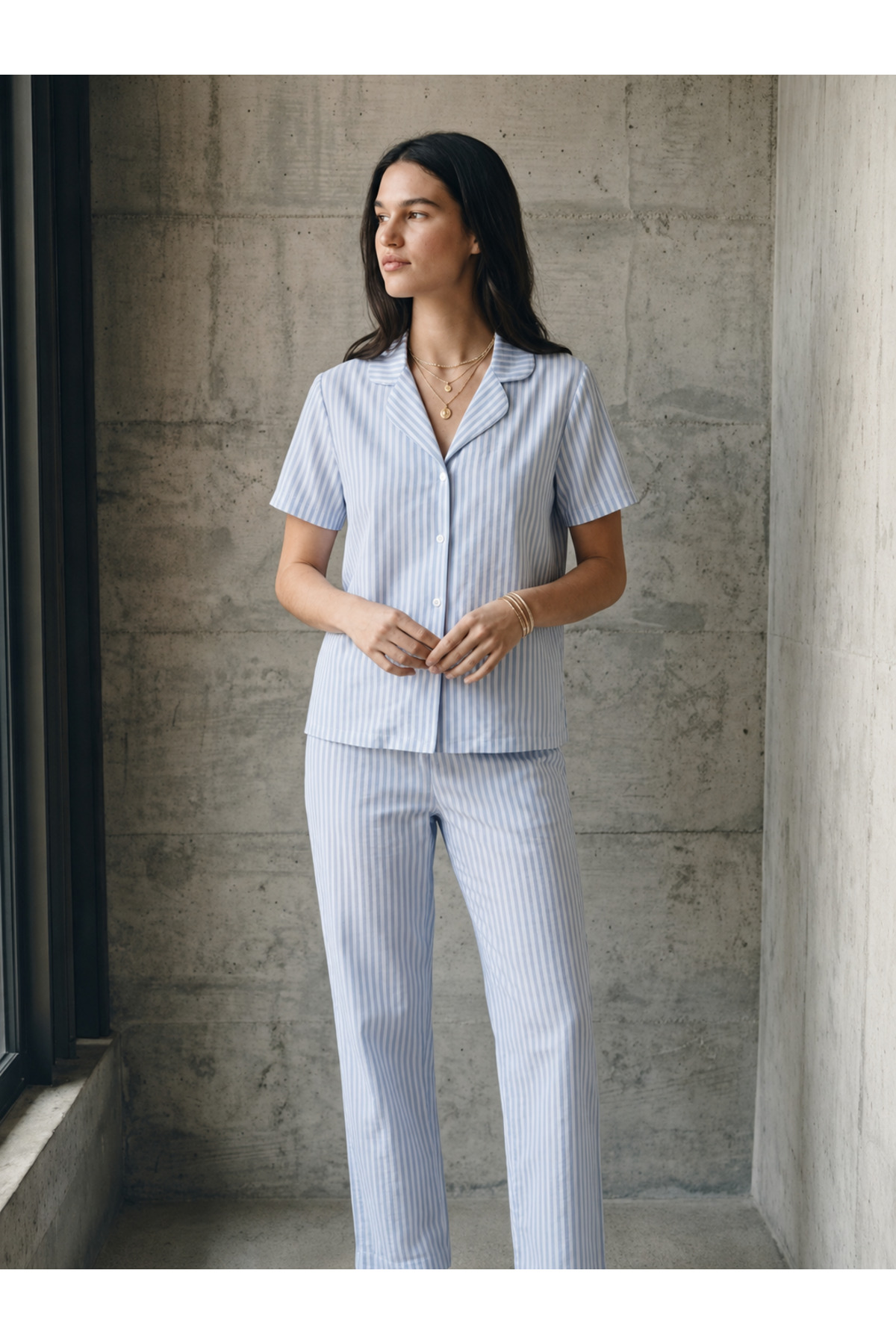 V Yaka Düğmeli Casual Mavi Pijama Takımı 6