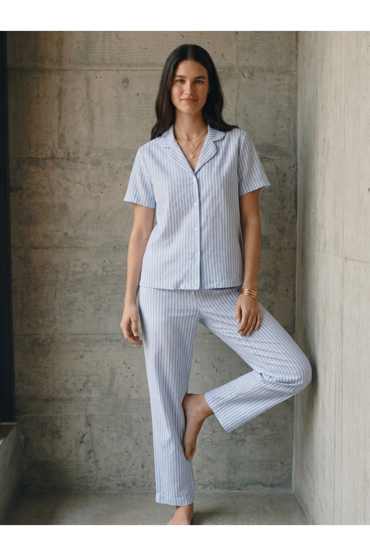 V Yaka Düğmeli Casual Mavi Pijama Takımı 5