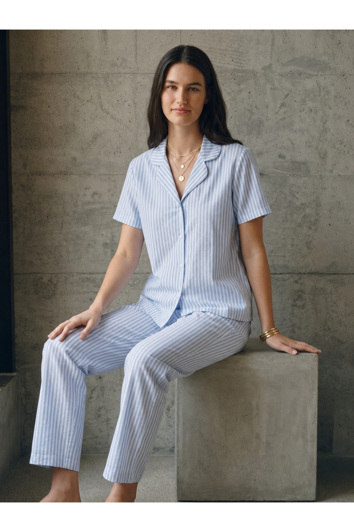 V Yaka Düğmeli Casual Mavi Pijama Takımı 3
