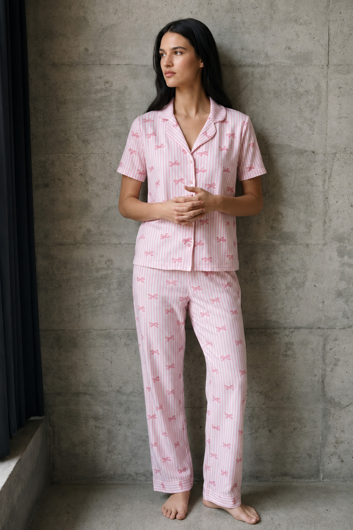 V Yaka Düğmeli Casual Pembe Pijama Takımı 3