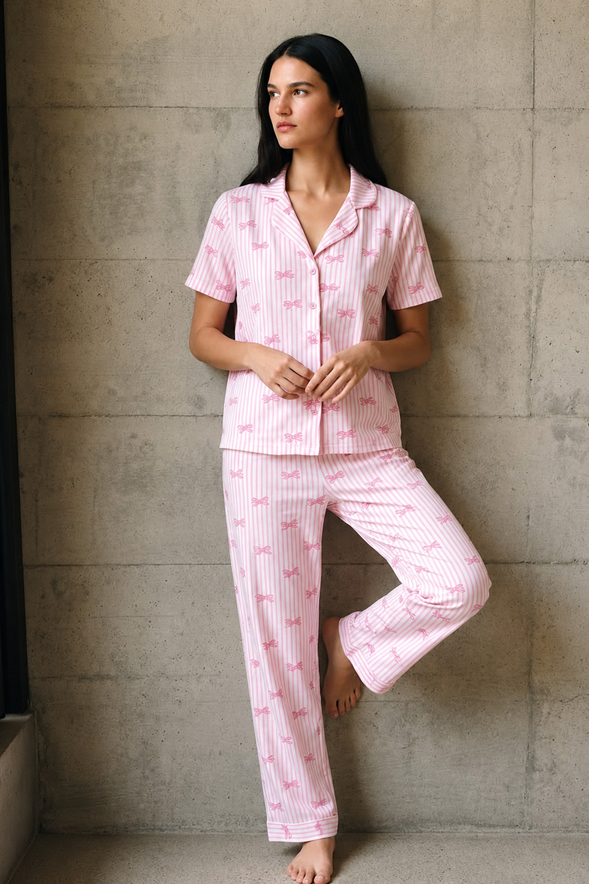 V Yaka Düğmeli Casual Pembe Pijama Takımı 6
