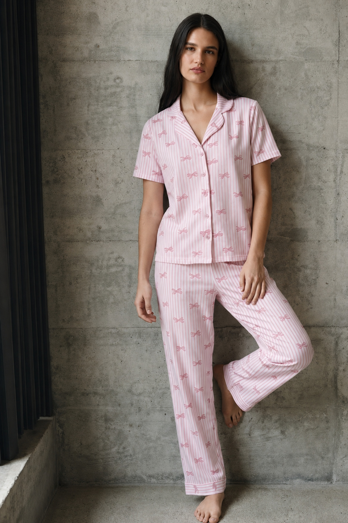 V Yaka Düğmeli Casual Pembe Pijama Takımı 5