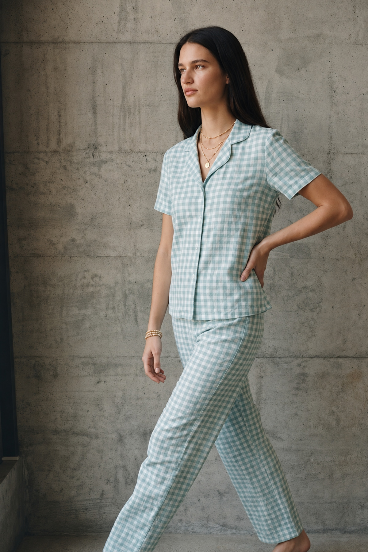 V Yaka Düğmeli Casual Su Yeşili Pijama Takımı 5