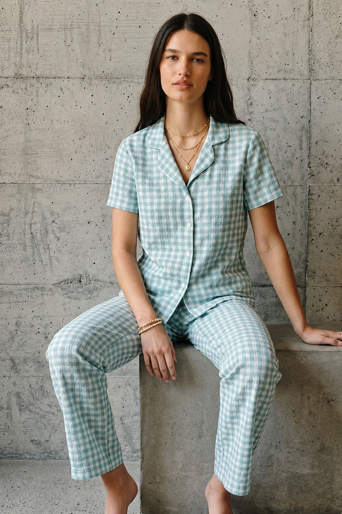 V Yaka Düğmeli Casual Su Yeşili Pijama Takımı 4