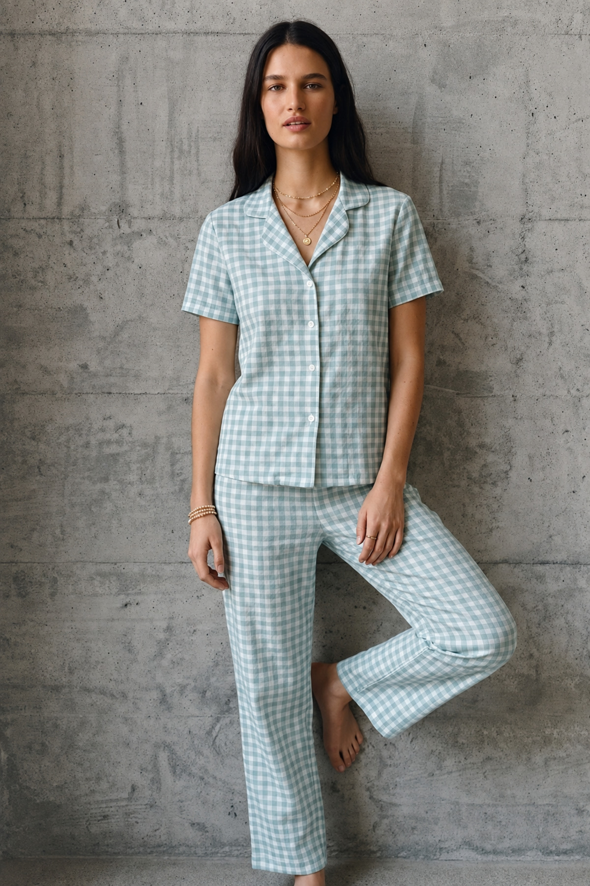 V Yaka Düğmeli Casual Su Yeşili Pijama Takımı 6