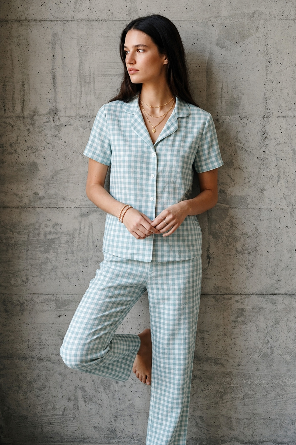 V Yaka Düğmeli Casual Su Yeşili Pijama Takımı 3