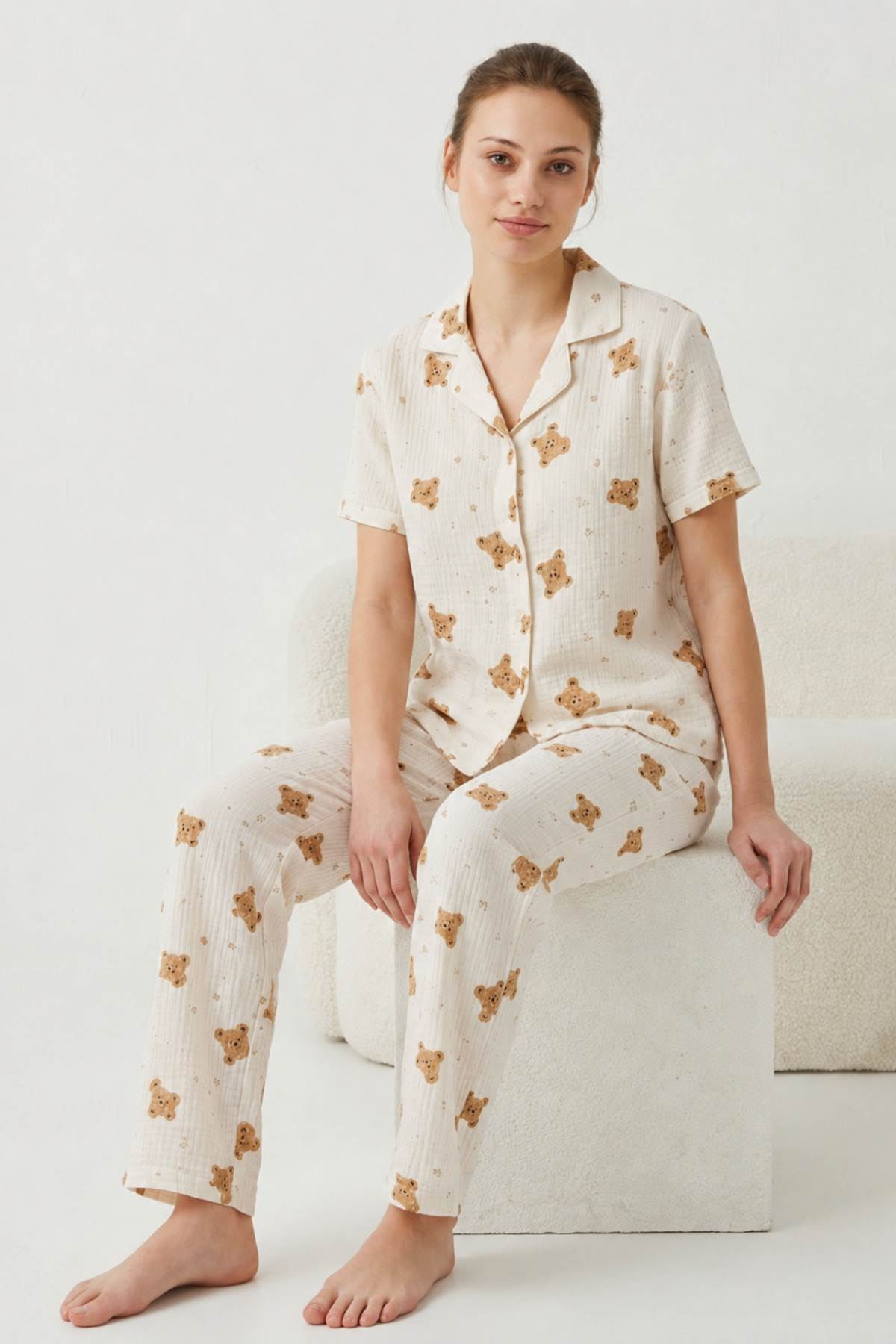 V Yaka Kapama Lastik Bel Kırık Beyaz Pijama Takımı 4