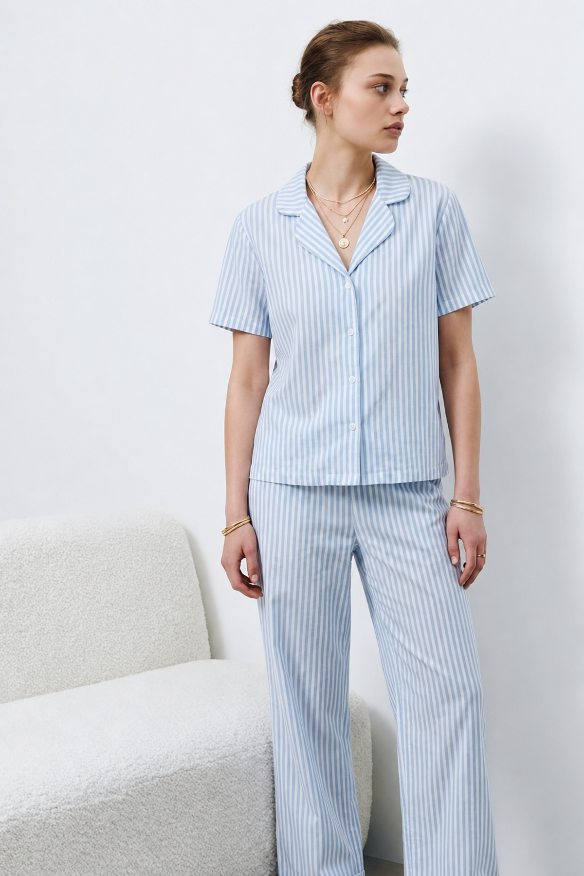 V Yaka Kapama Lastik Bel Mavi Pijama Takımı 4