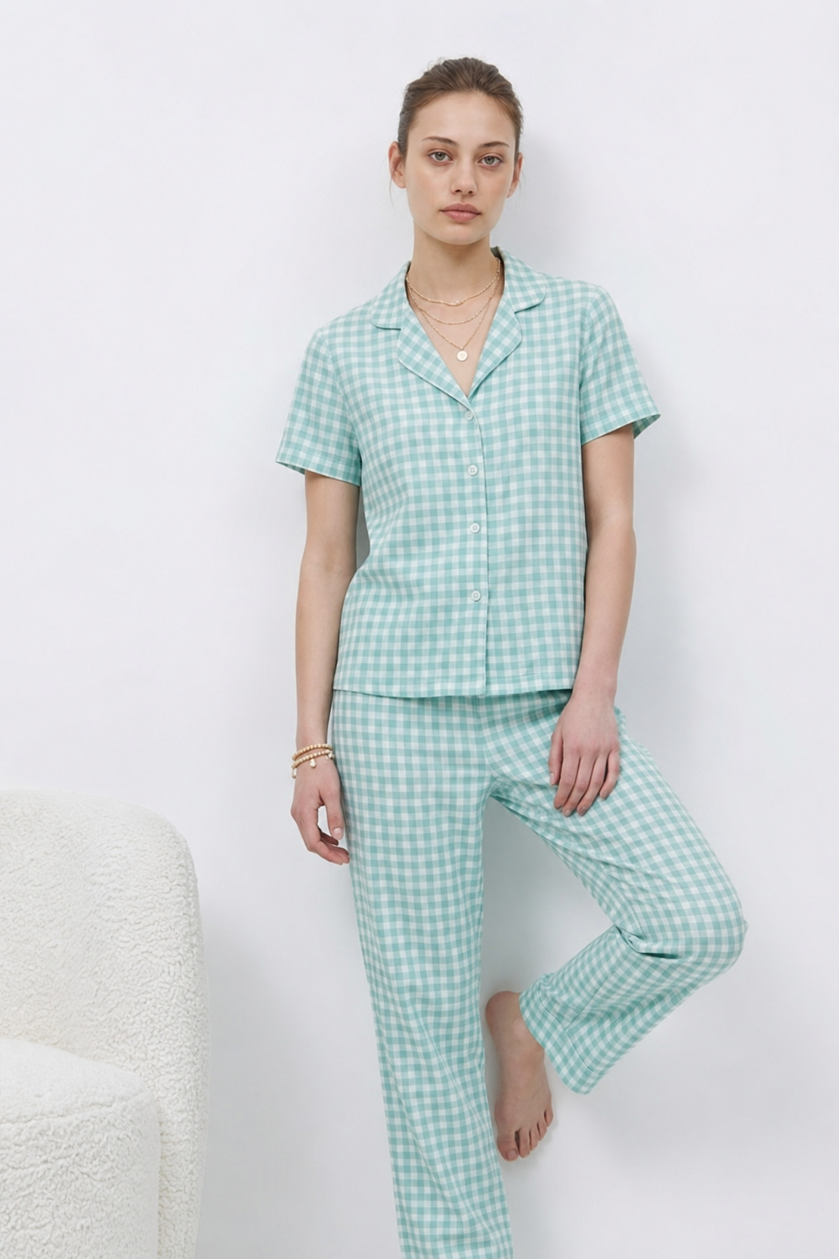 V Yaka Kapama Lastik Bel Su Yeşili Pijama Takımı 3