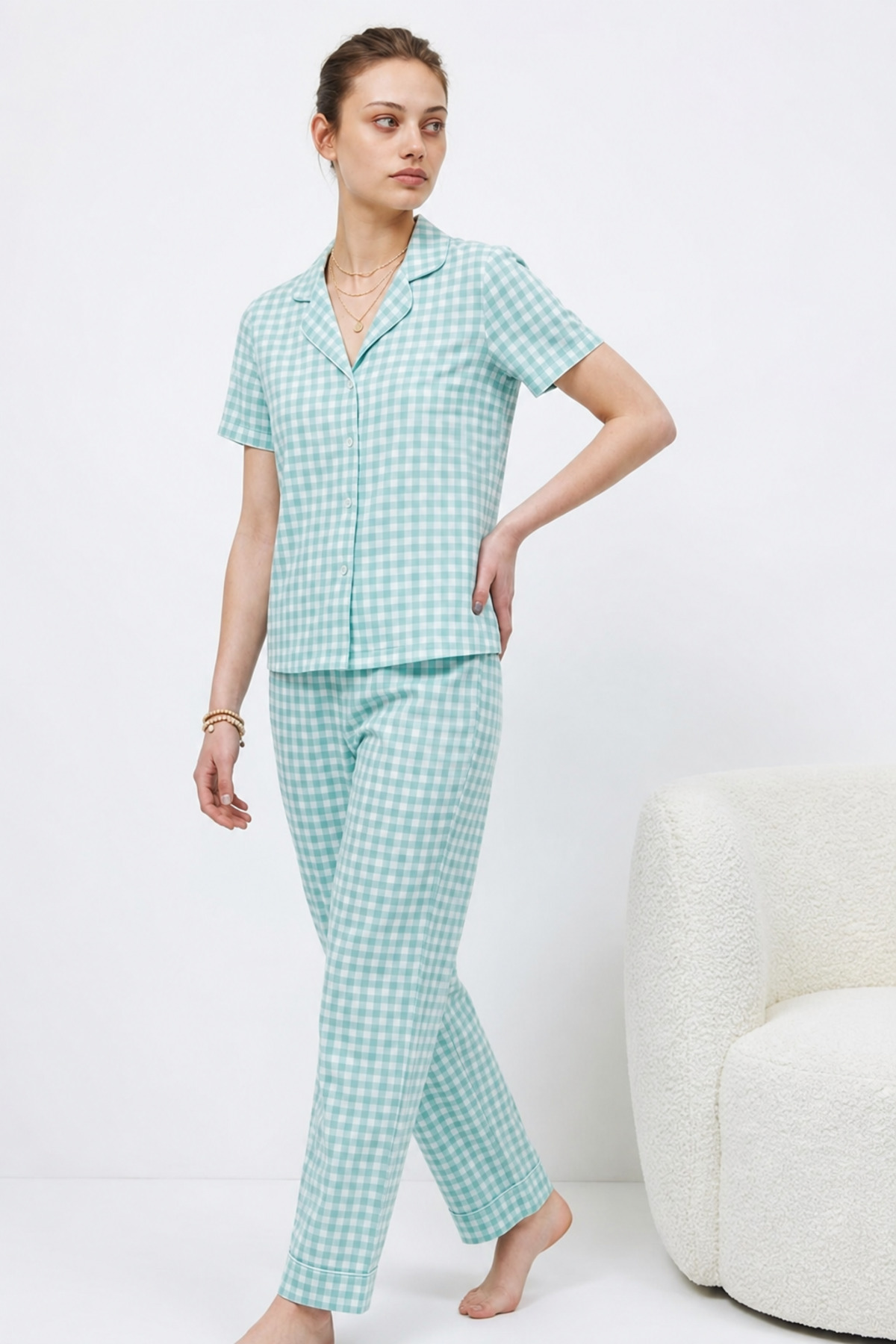 V Yaka Kapama Lastik Bel Su Yeşili Pijama Takımı 4