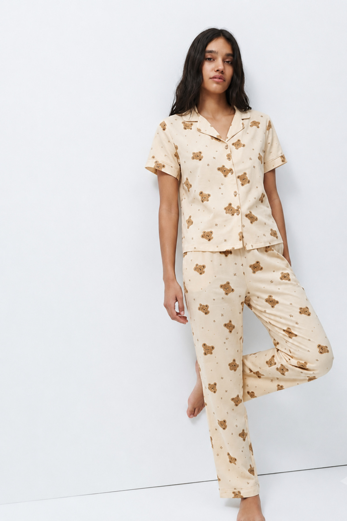 Standart Boy Elastanlı Kırık Beyaz Pijama Takımı 6