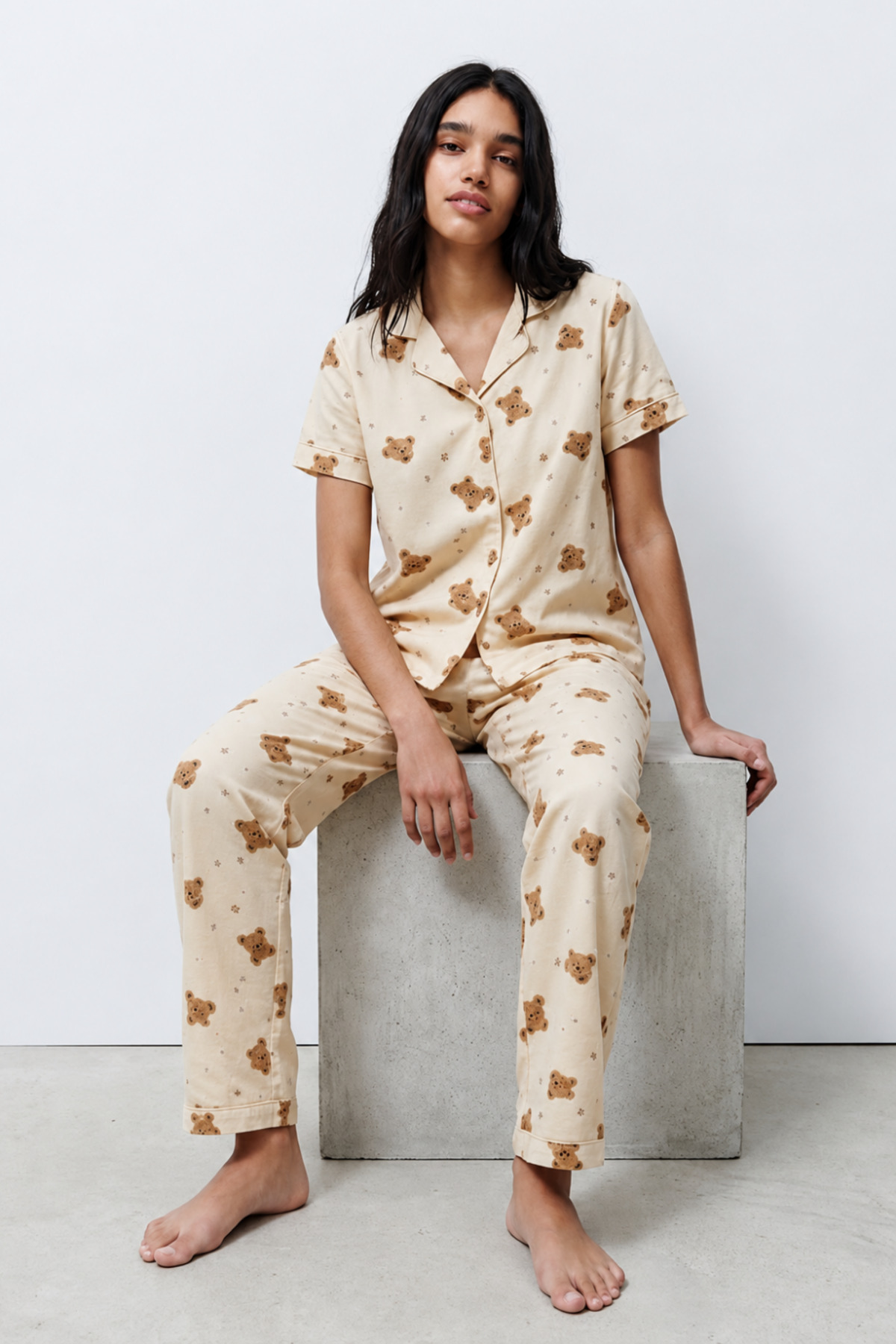 Standart Boy Elastanlı Kırık Beyaz Pijama Takımı 3