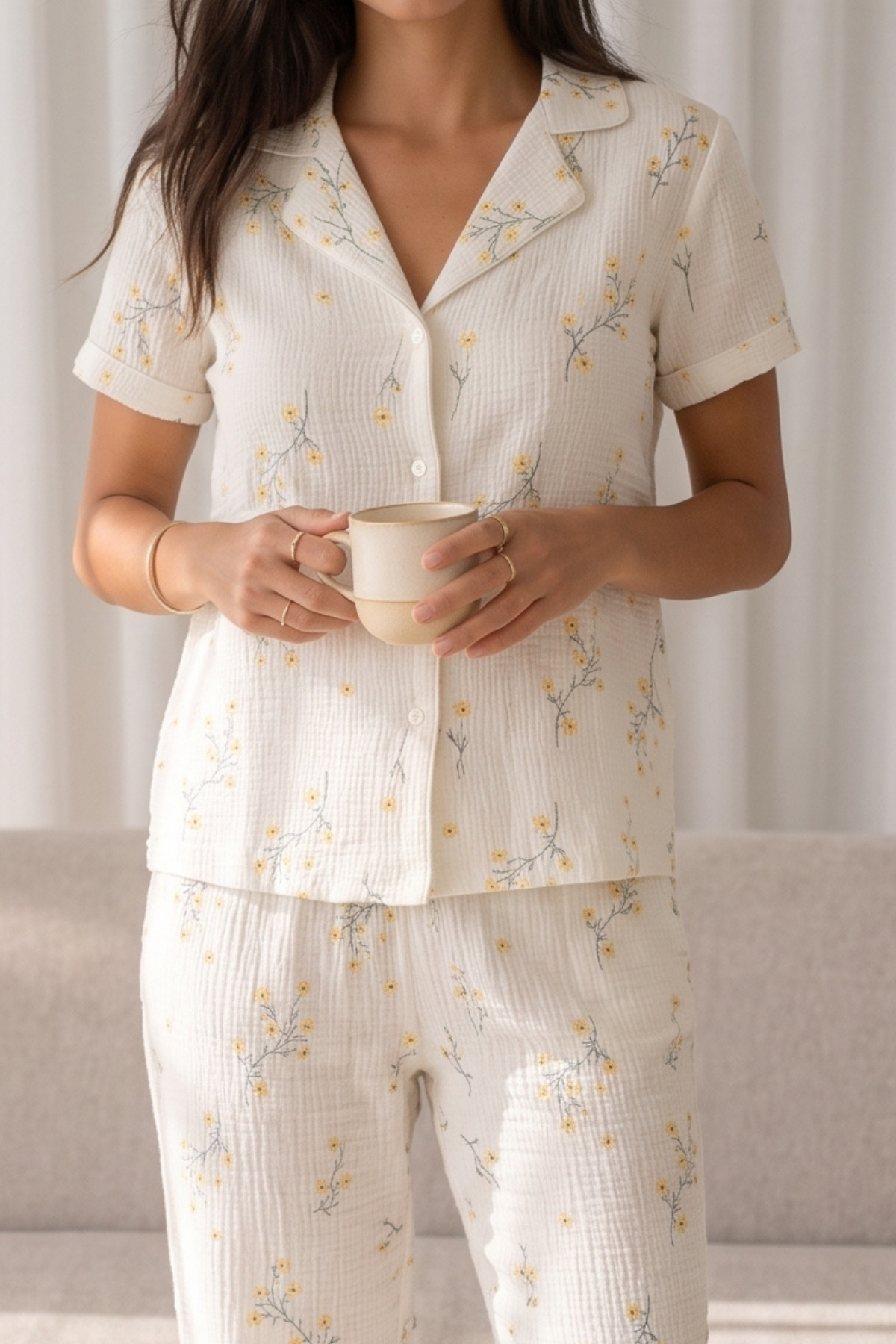 Kadın Loose Uzun Paça Pamuk Çok Renkli Pijama Takımı 3
