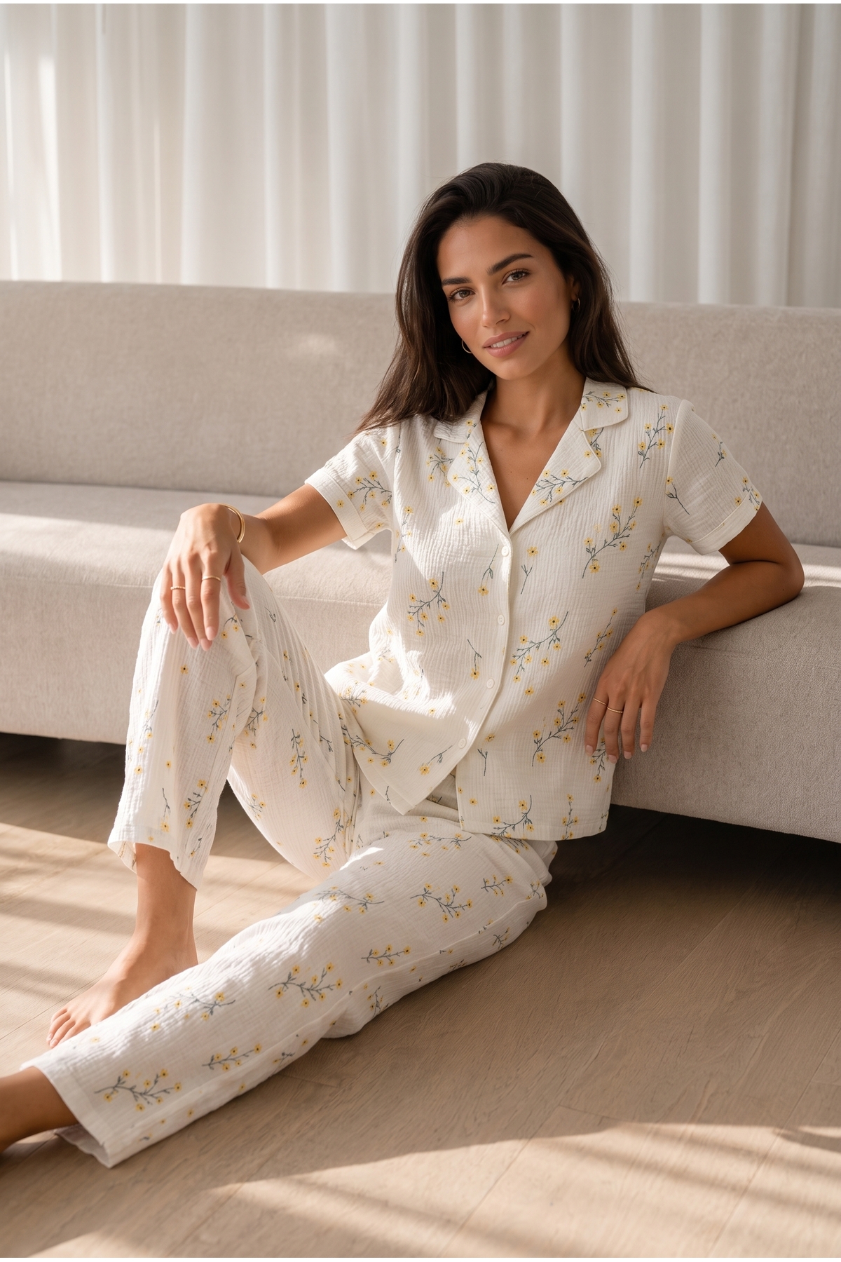 Kadın Loose Uzun Paça Pamuk Çok Renkli Pijama Takımı 5