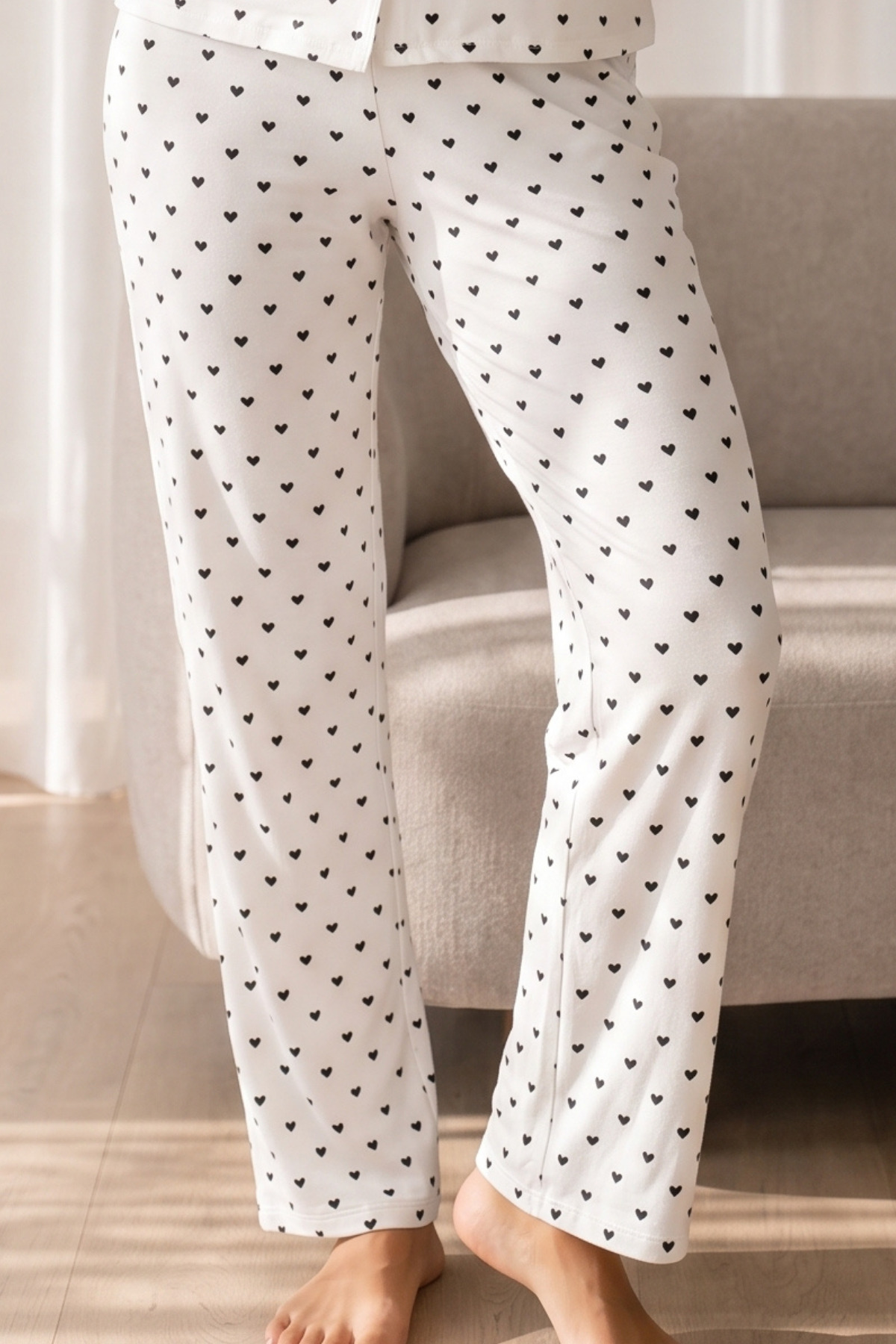 Kadın Loose Uzun Paça Pamuk Kar Beyaz Pijama Takımı 4