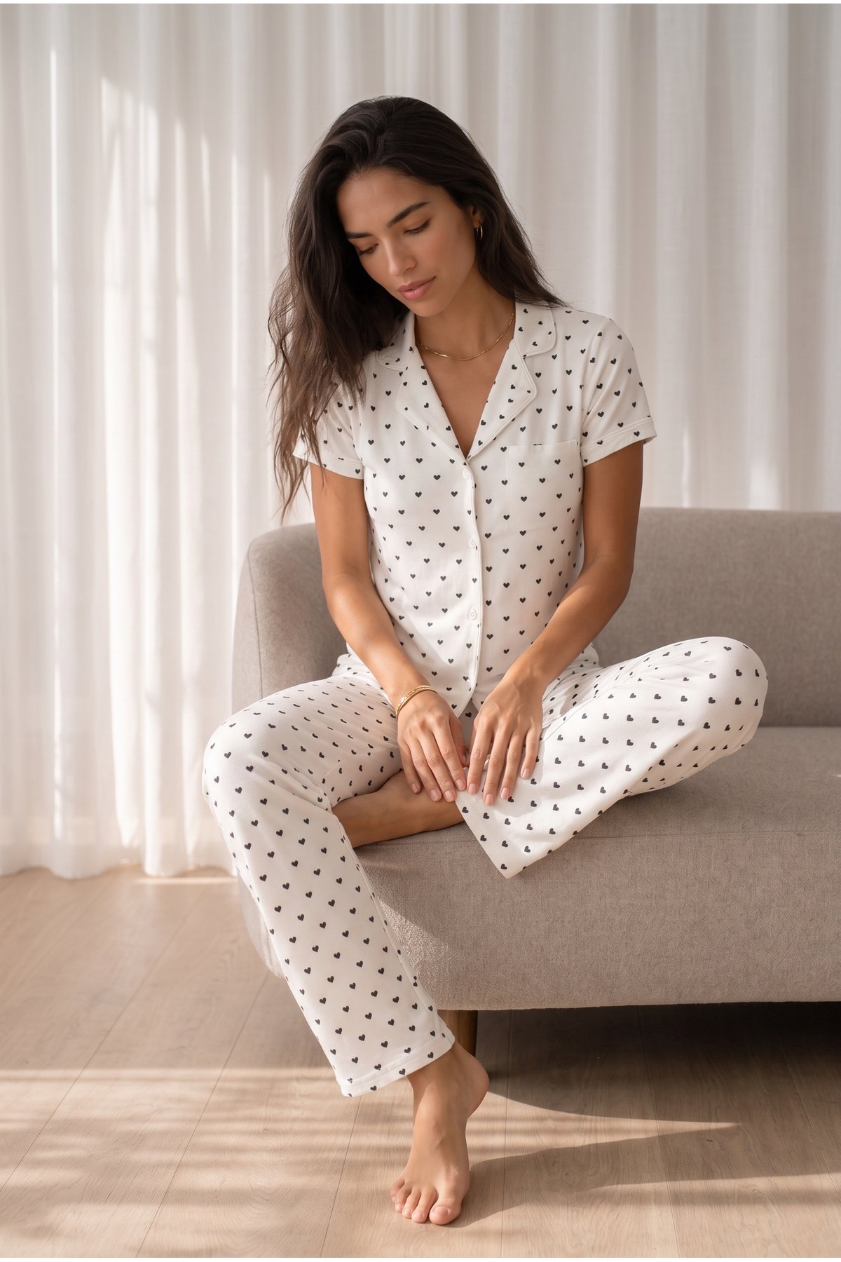 Kadın Loose Uzun Paça Pamuk Kar Beyaz Pijama Takımı 6
