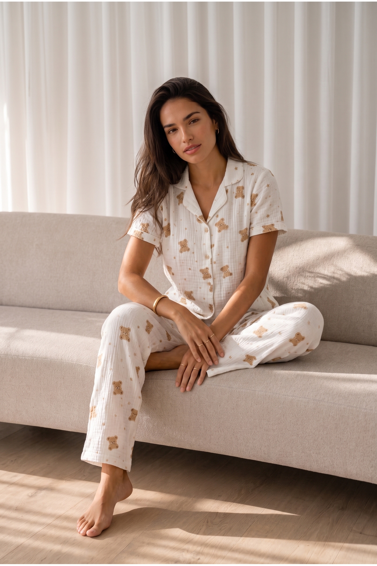 Kadın Loose Uzun Paça Pamuk Kırık Beyaz Pijama Takımı 5