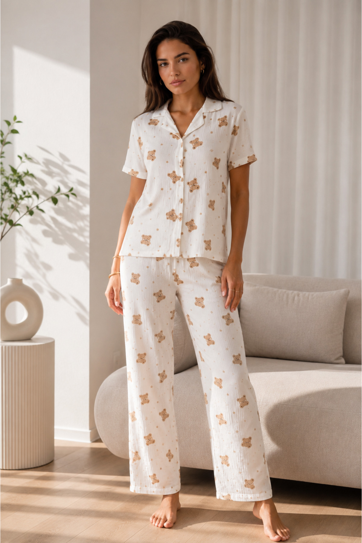 Kadın Loose Uzun Paça Pamuk Kırık Beyaz Pijama Takımı 6
