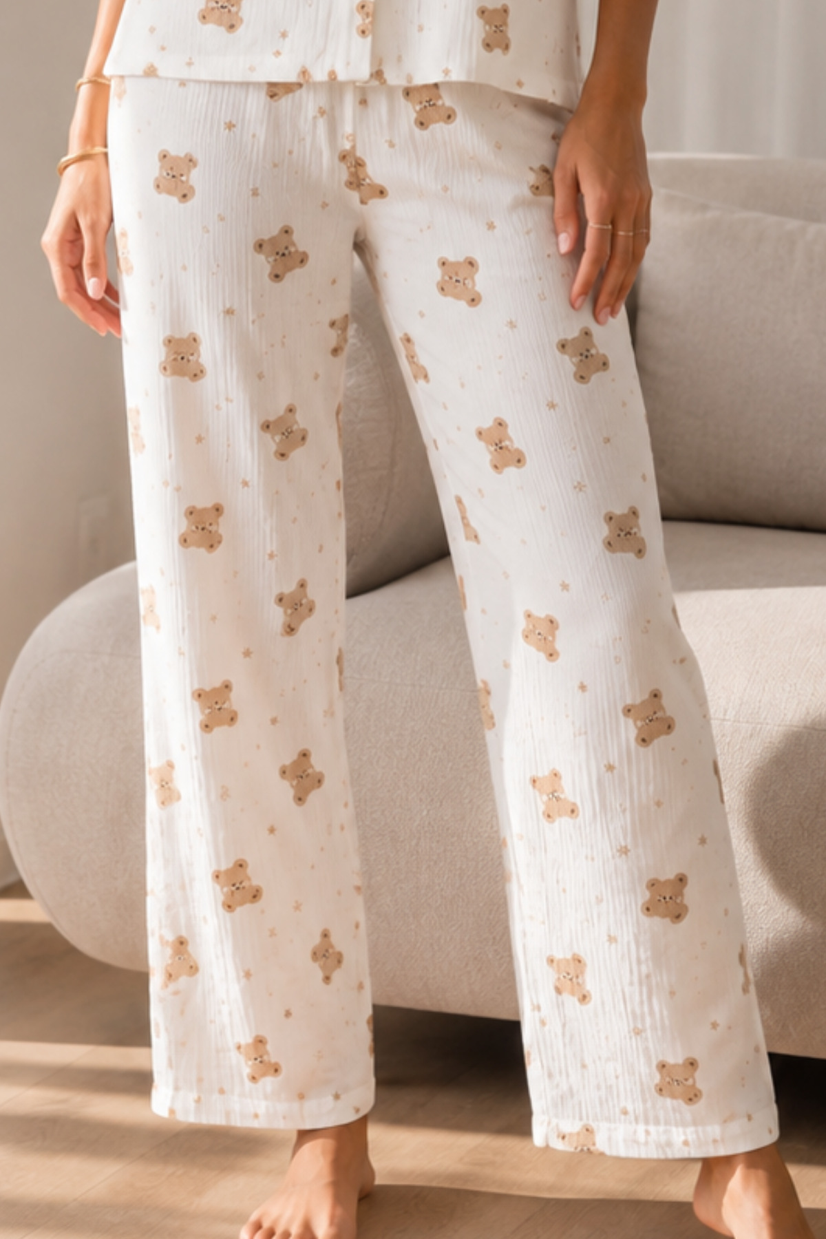 Kadın Loose Uzun Paça Pamuk Kırık Beyaz Pijama Takımı 4