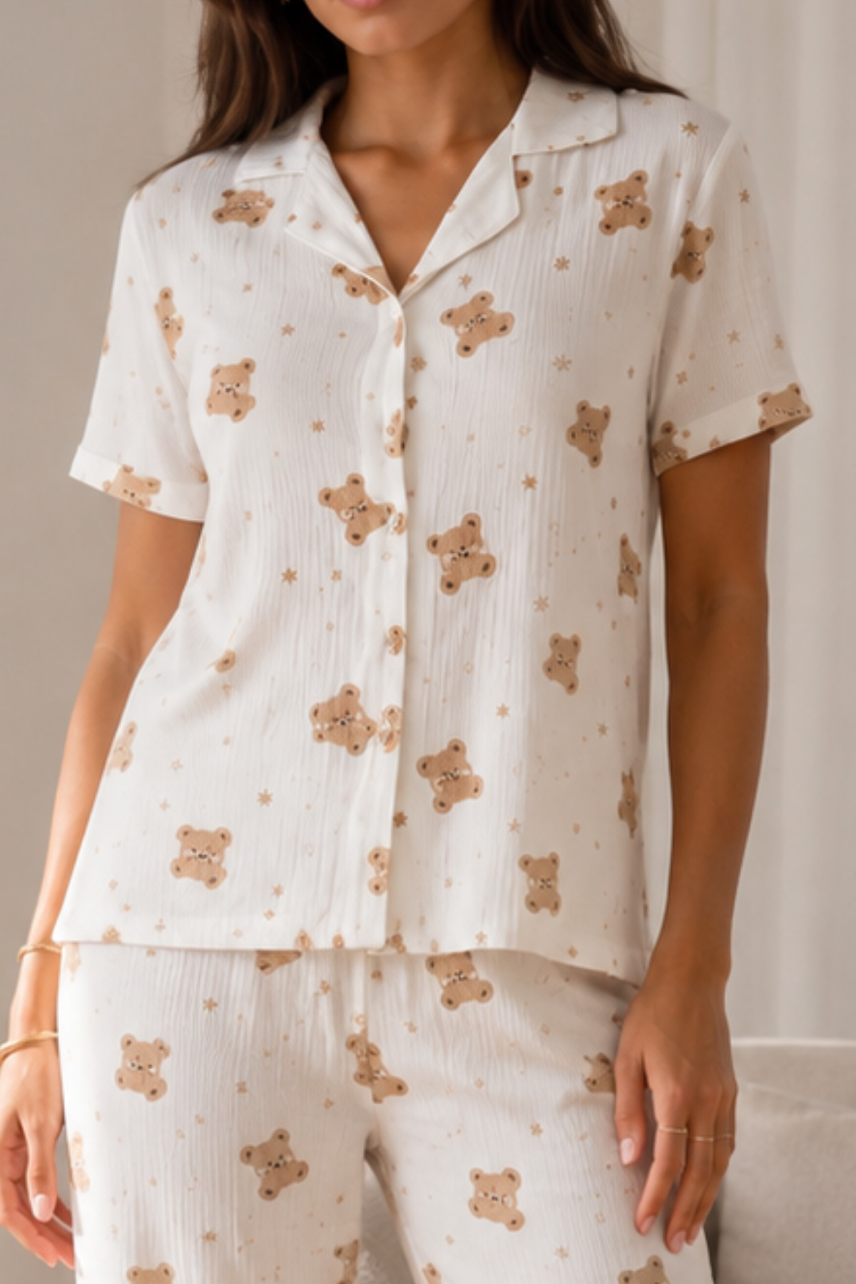 Kadın Loose Uzun Paça Pamuk Kırık Beyaz Pijama Takımı 3